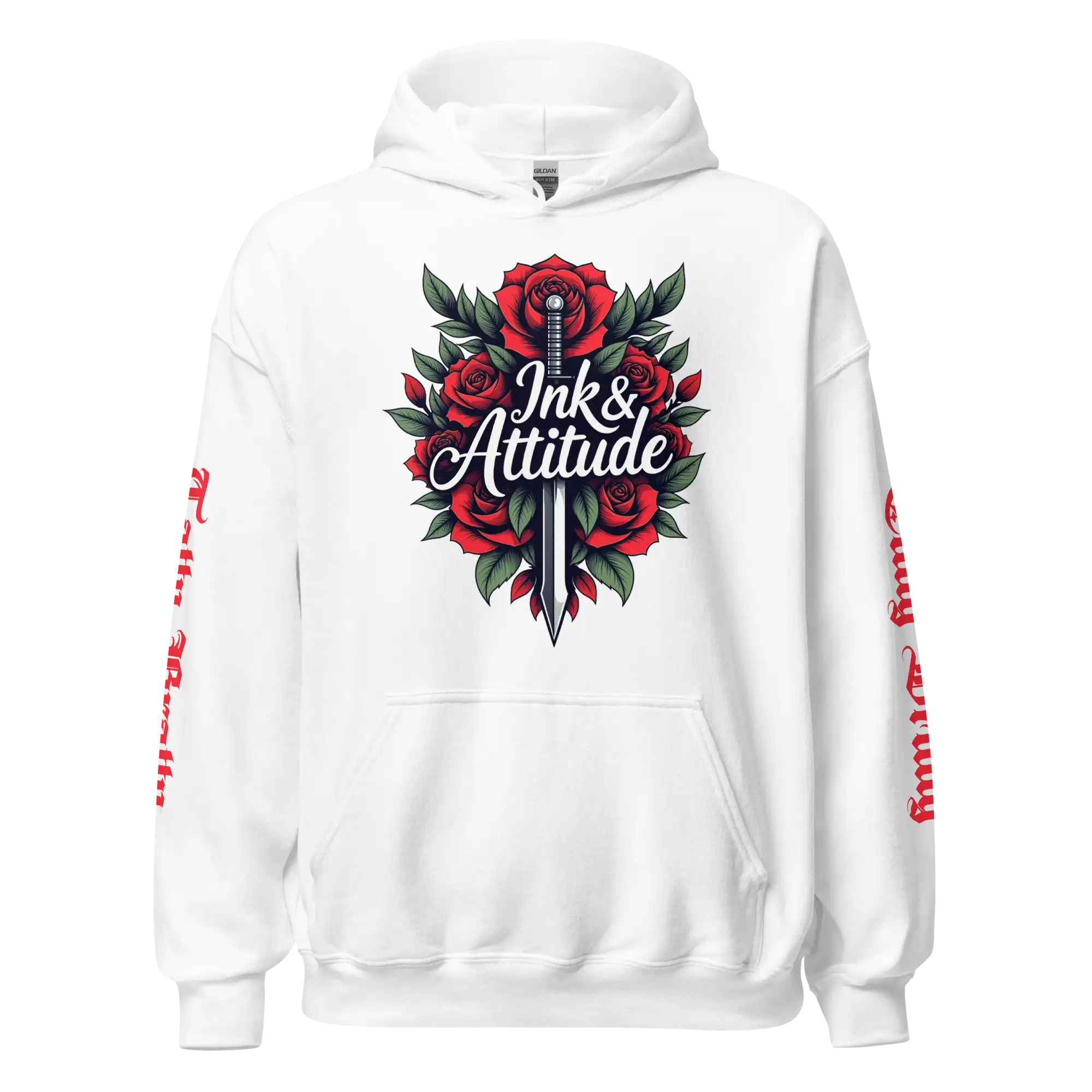 White hoodie with rose and dagger graphic.