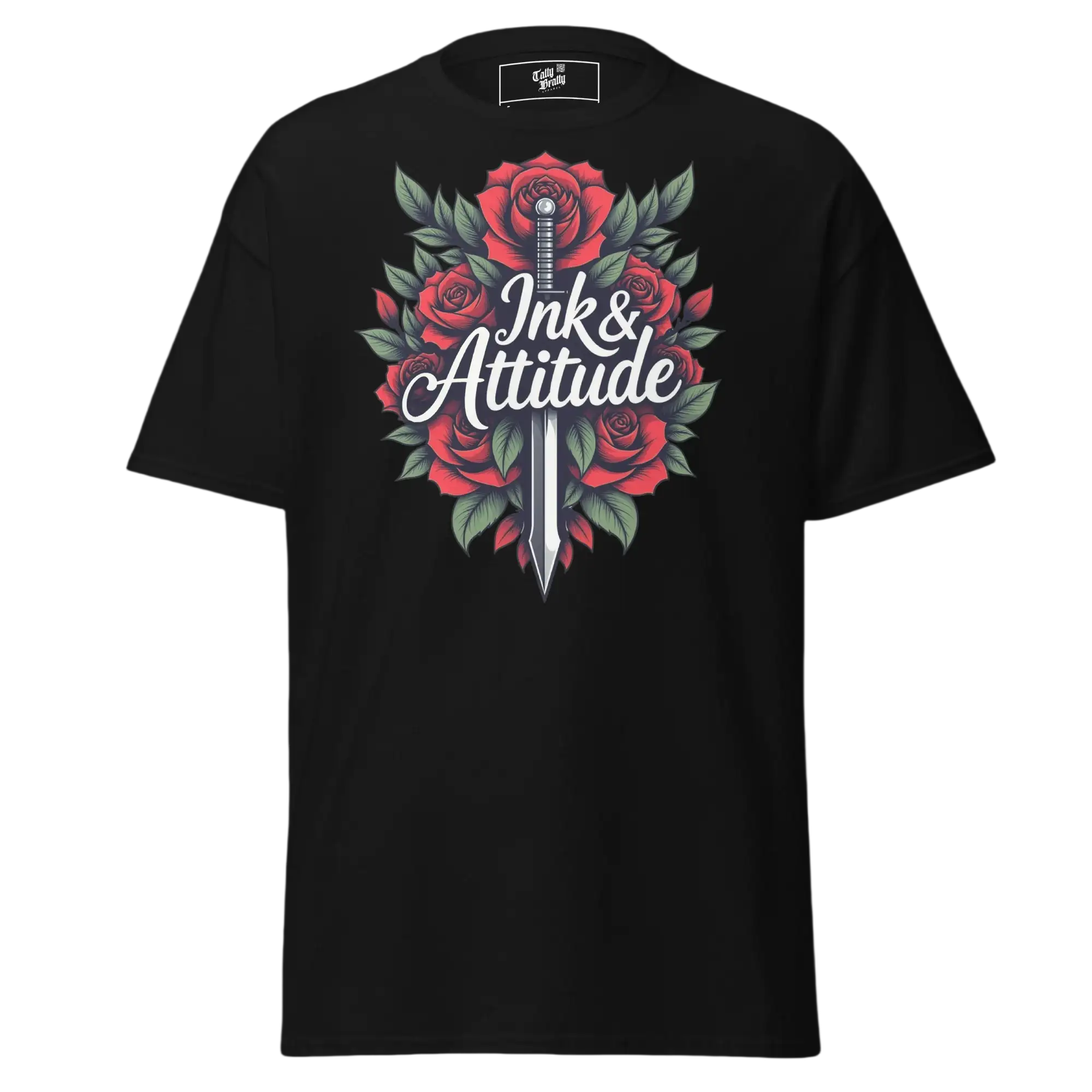Black t-shirt with rose and sword graphic.
