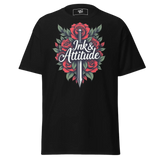 Black t-shirt with rose and sword graphic.