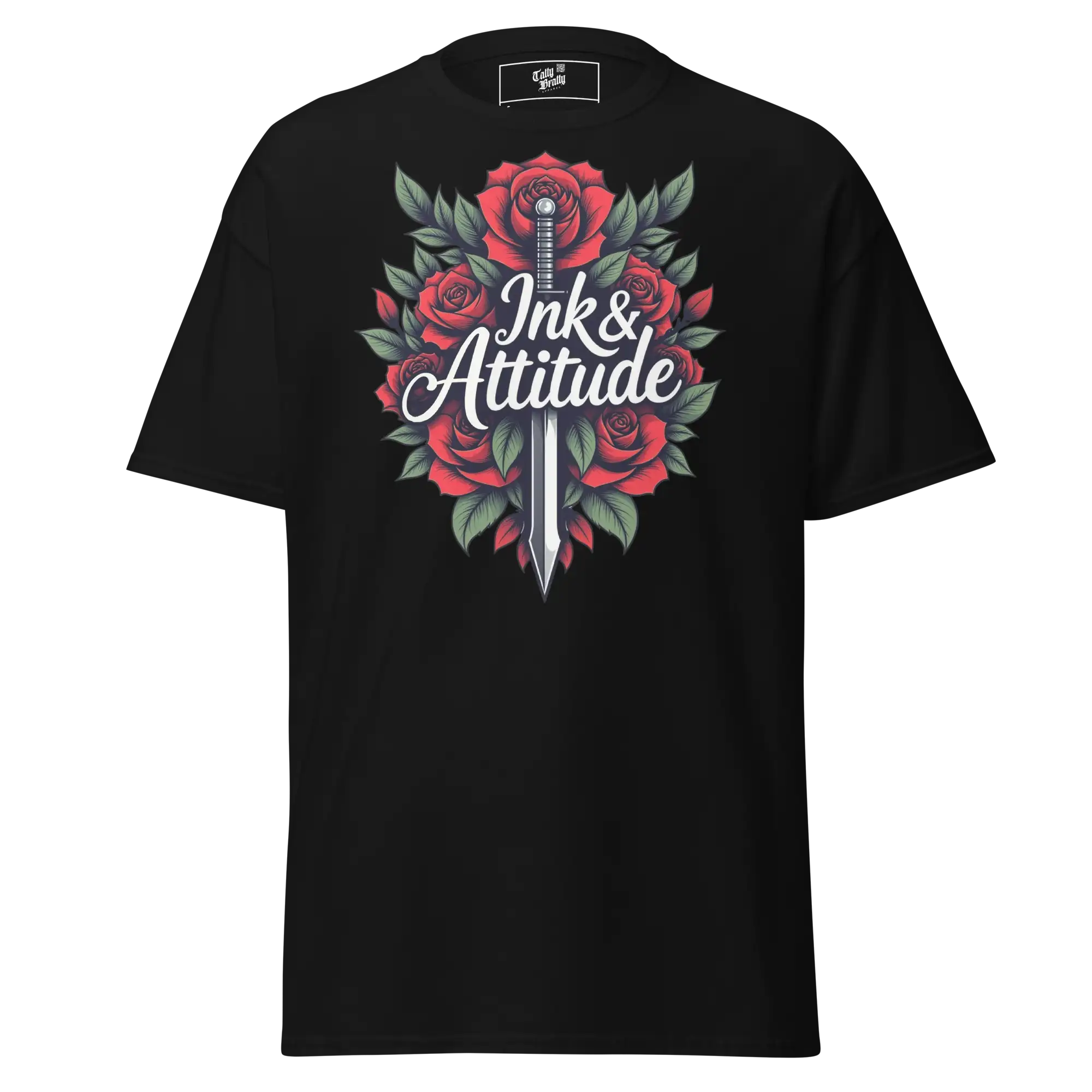 Black t-shirt with rose and sword graphic.