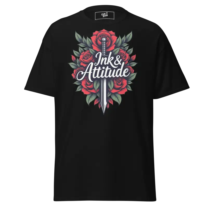 Black t-shirt with rose and sword graphic.