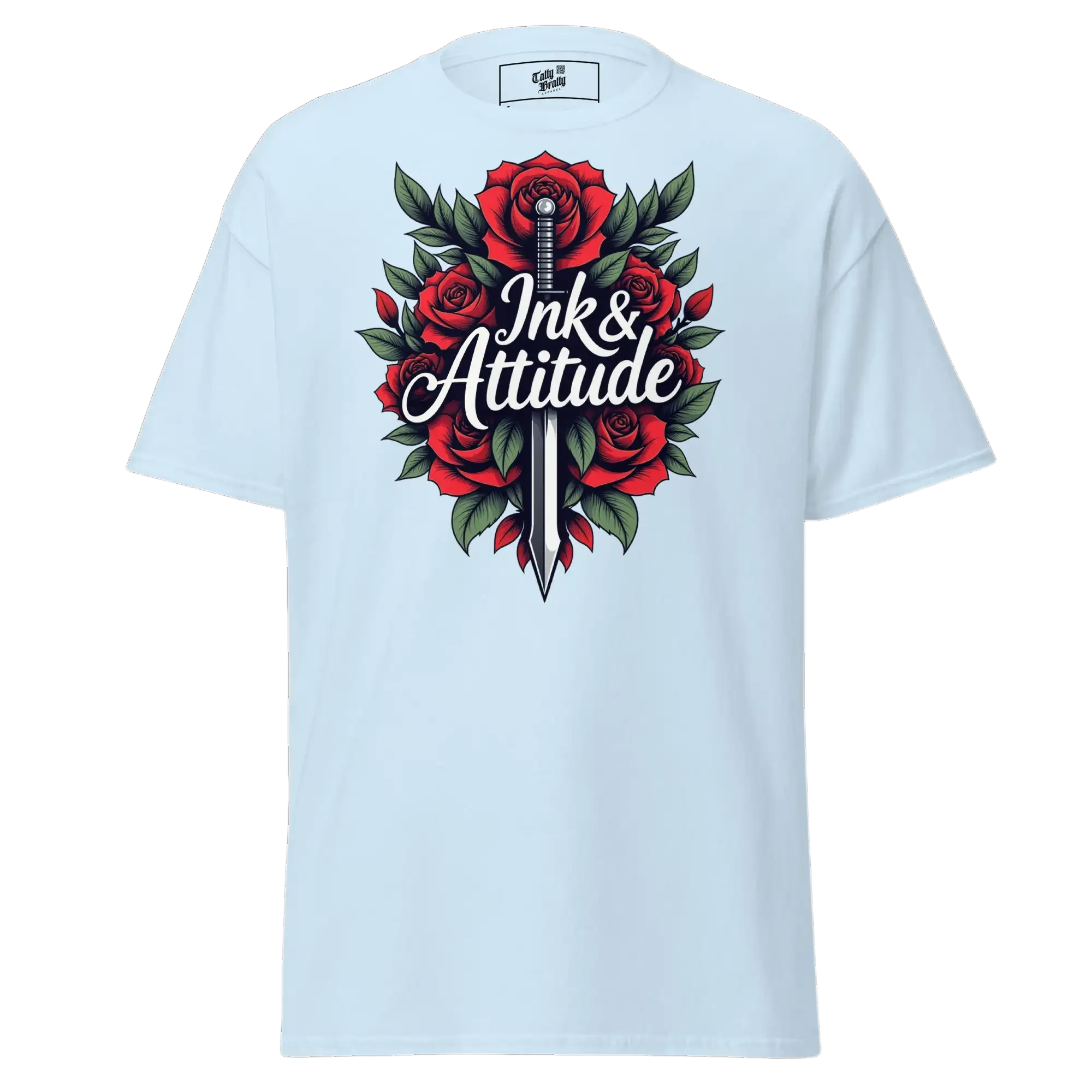 Light blue t-shirt with rose and sword graphic.