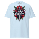 Light blue t-shirt with rose and sword graphic.