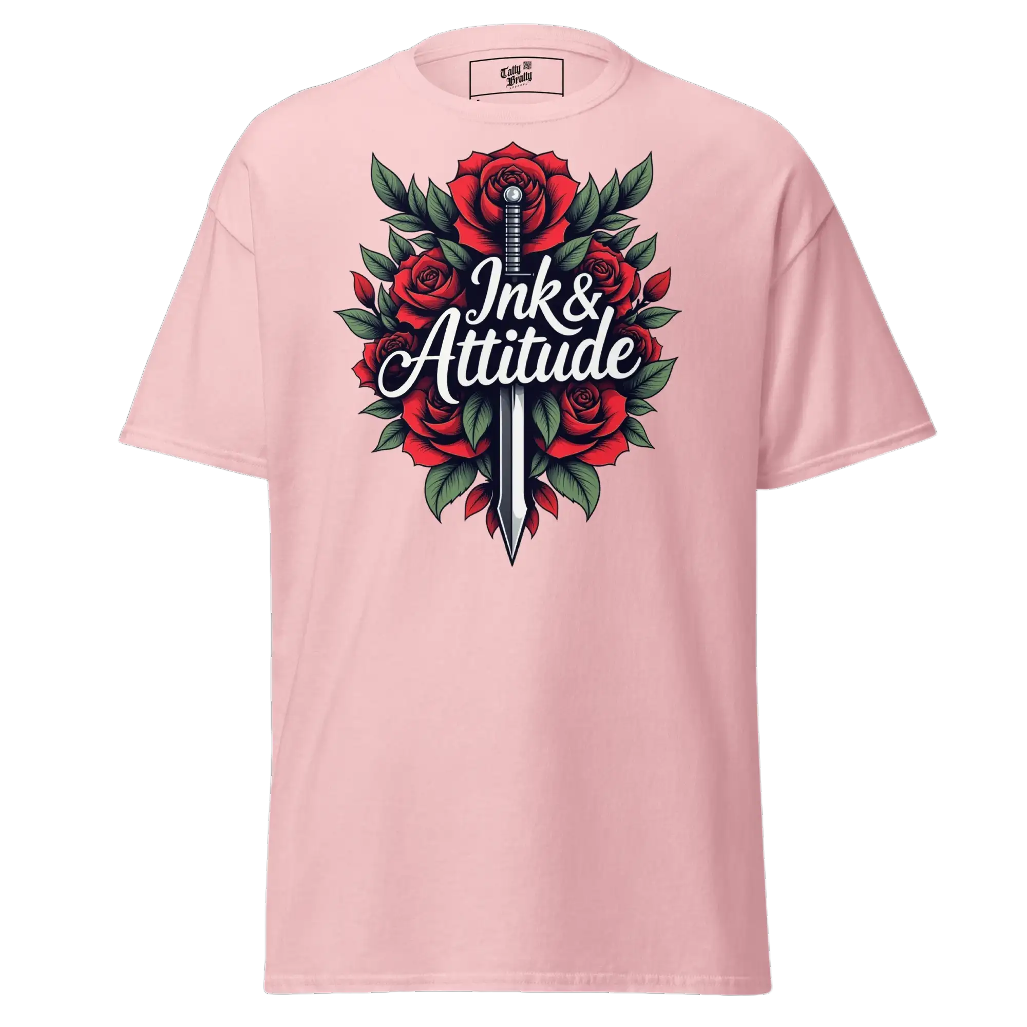 Pink t-shirt with rose and sword graphic.