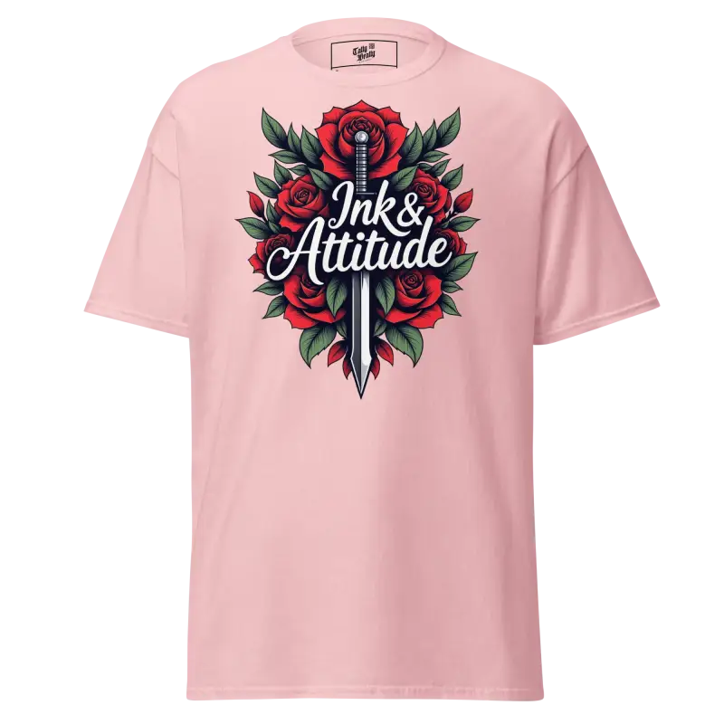 Pink t-shirt with rose and sword graphic.