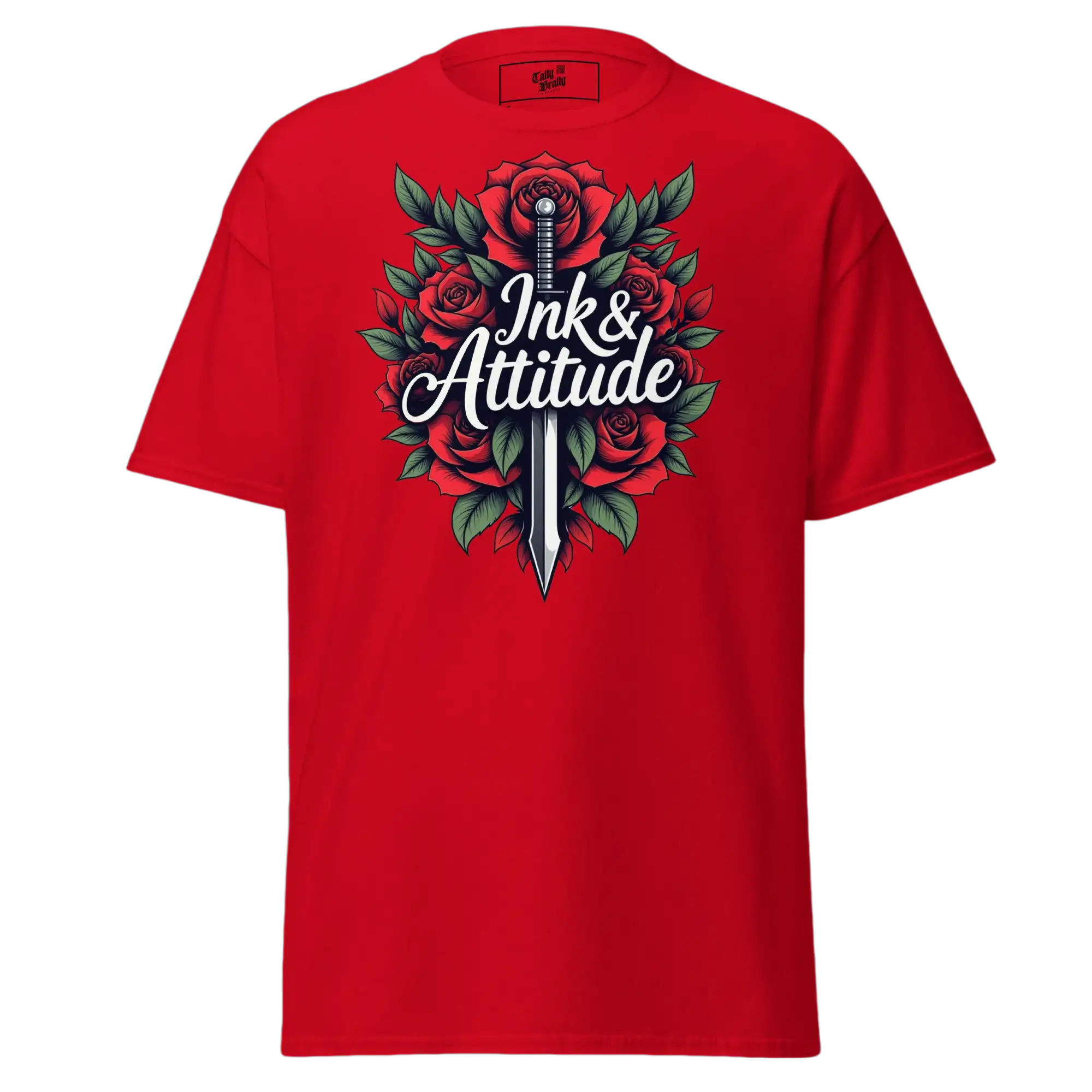 Red t-shirt with sword and roses graphic.