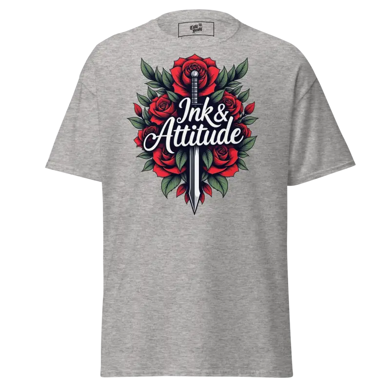 Gray t-shirt with rose and sword graphic.