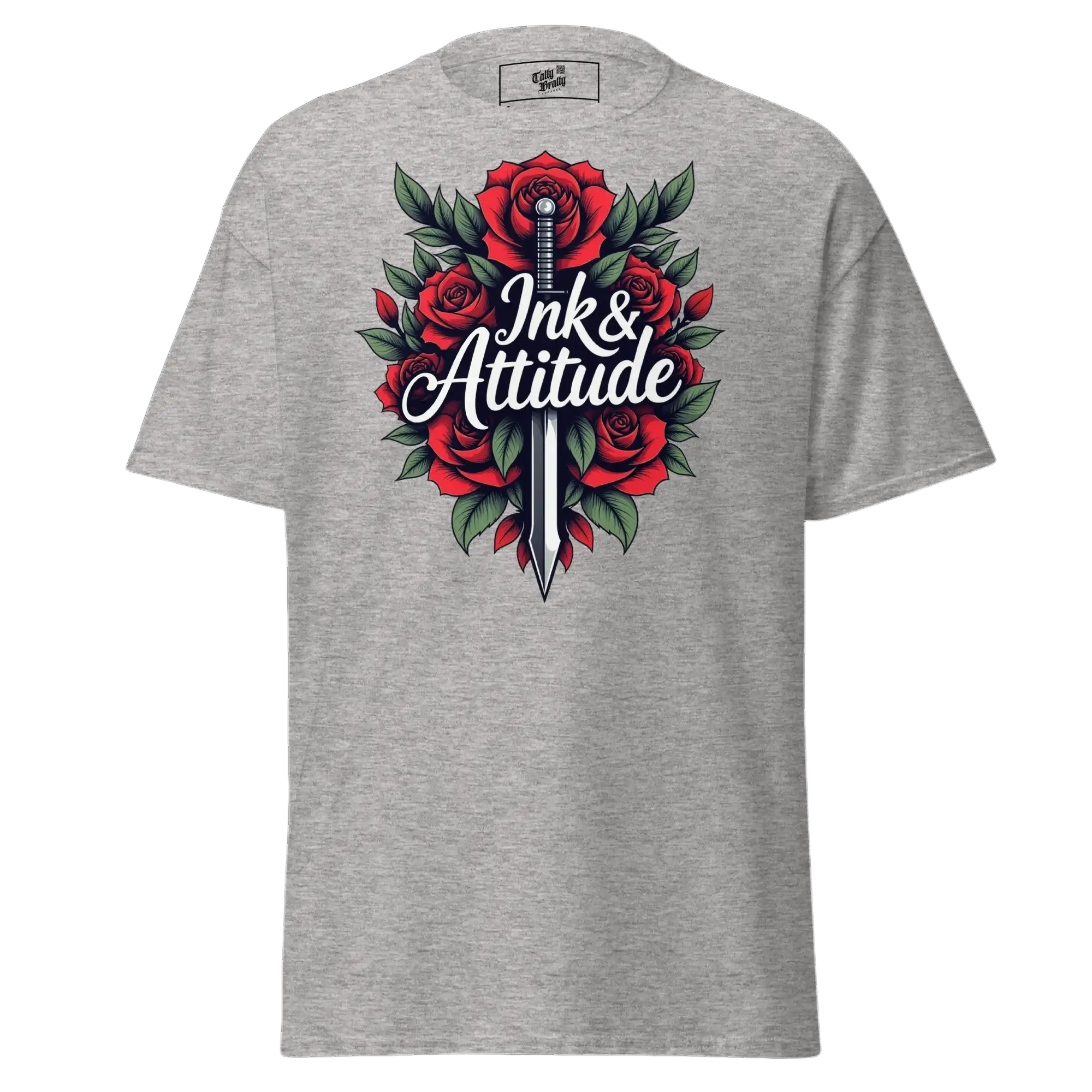 Gray t-shirt with rose and sword graphic.