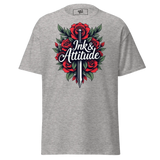 Gray t-shirt with rose and sword graphic.
