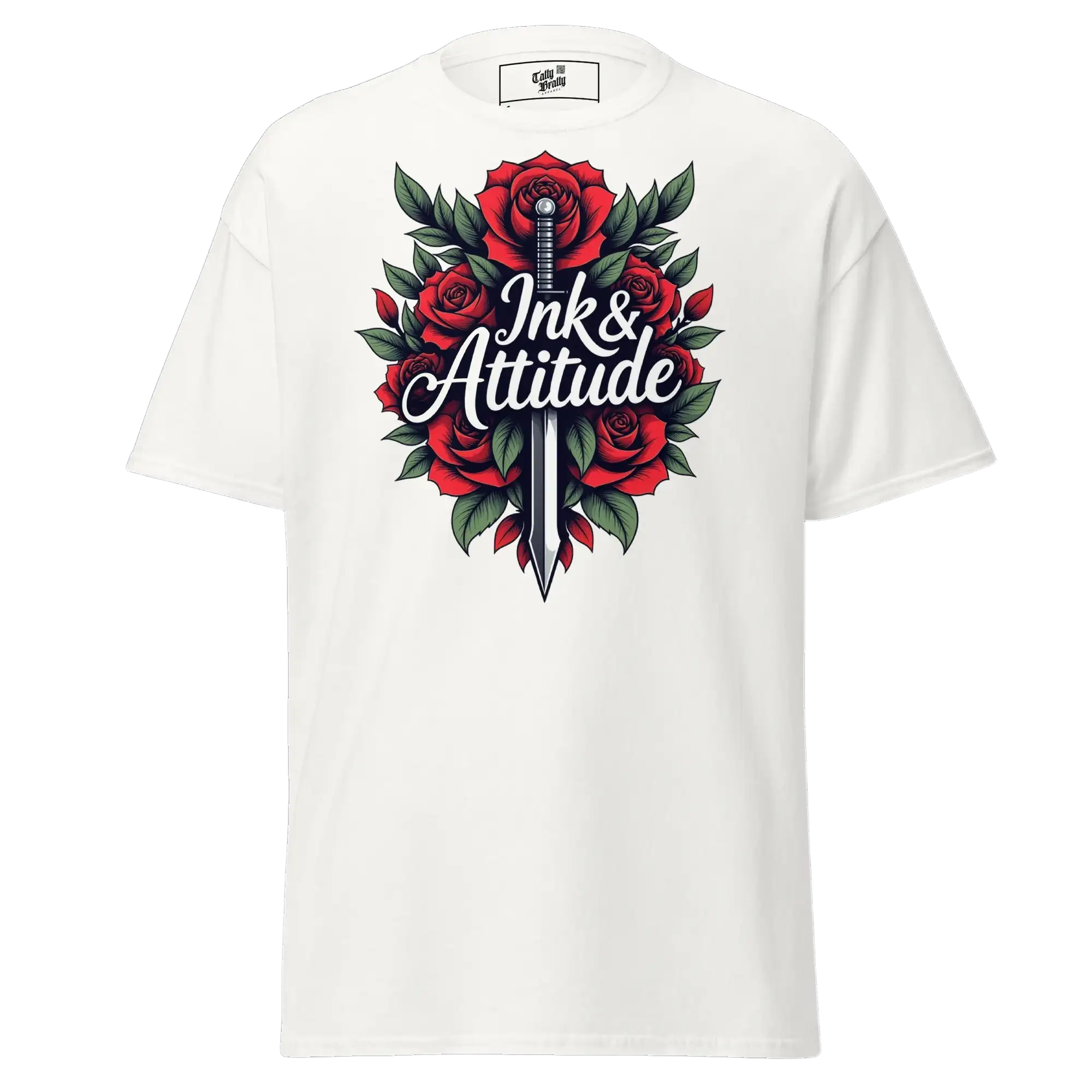 White t-shirt with rose and sword graphic.