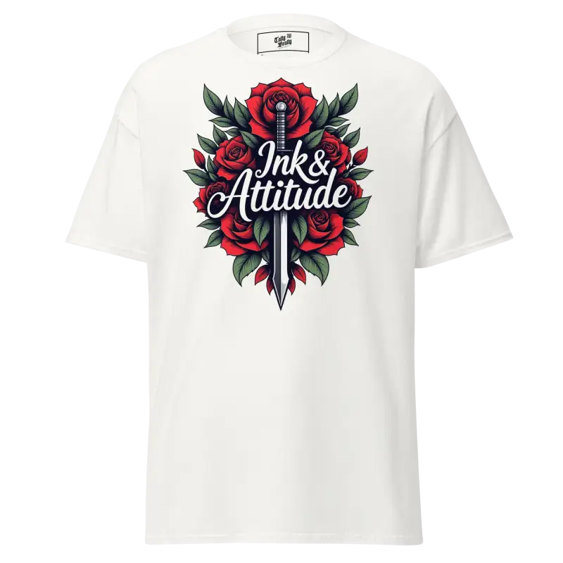White t-shirt with rose and sword graphic.