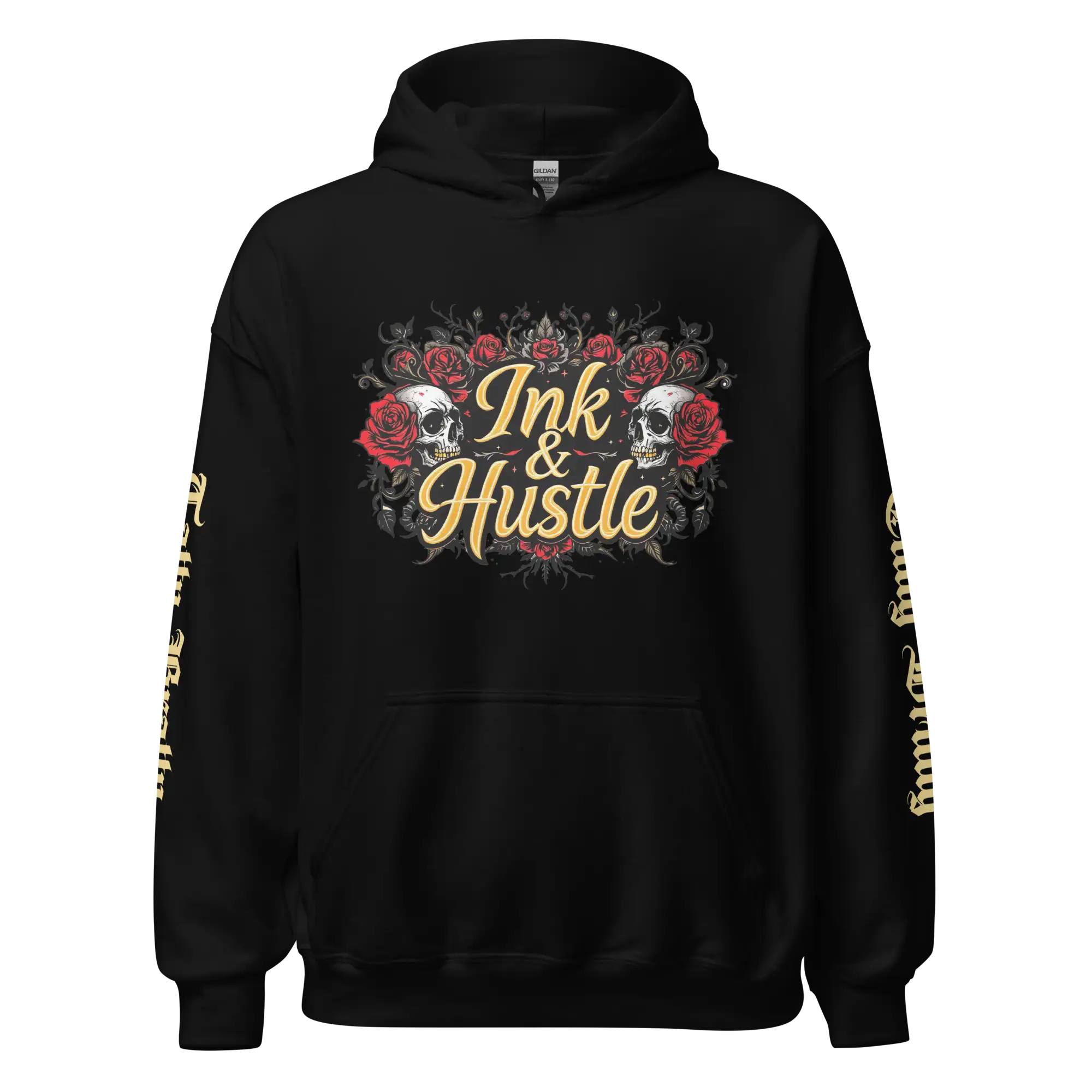 Black hoodie with ’Ink & Hustle’ design.