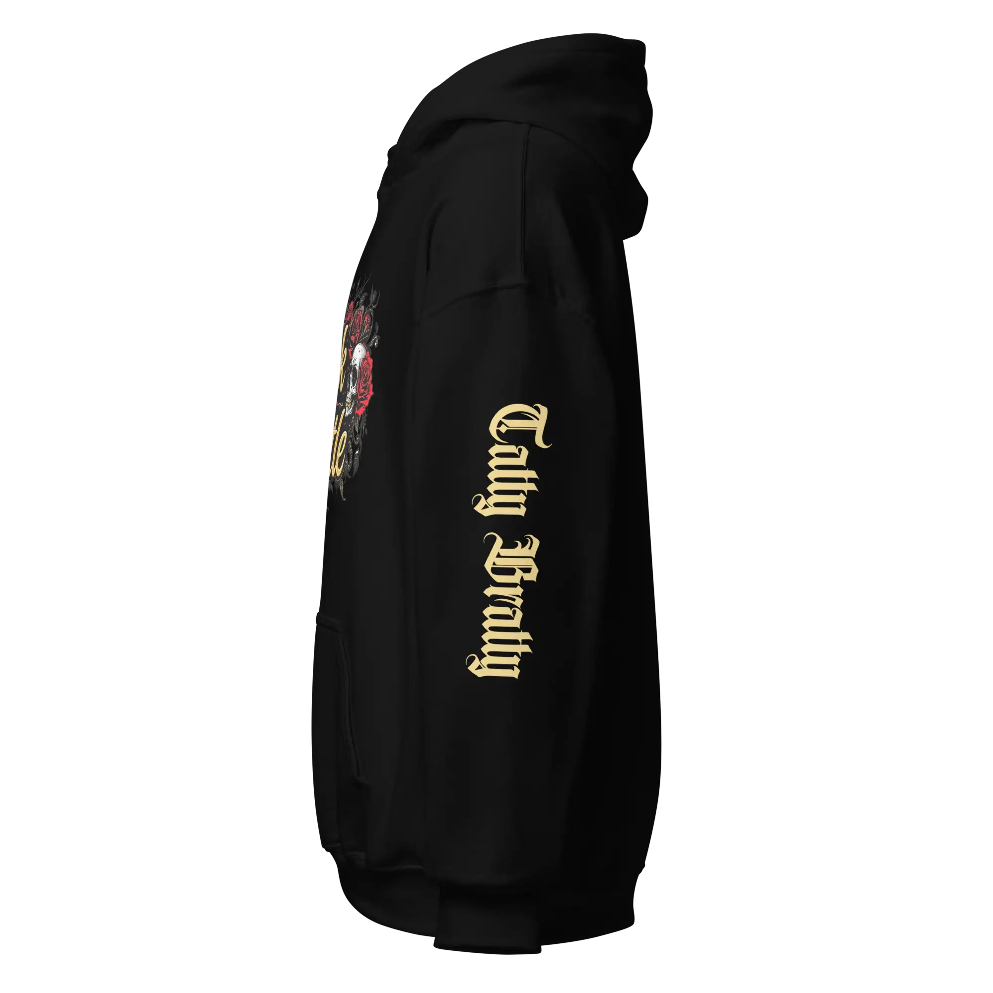 Black hoodie with sleeve text.