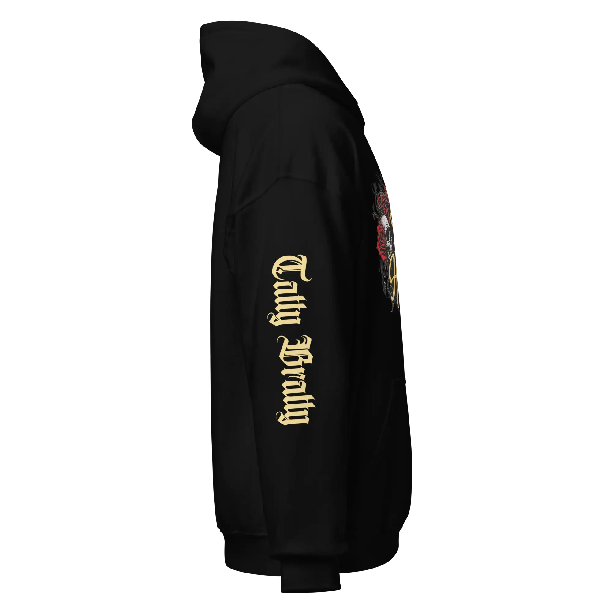Black hoodie with sleeve text.