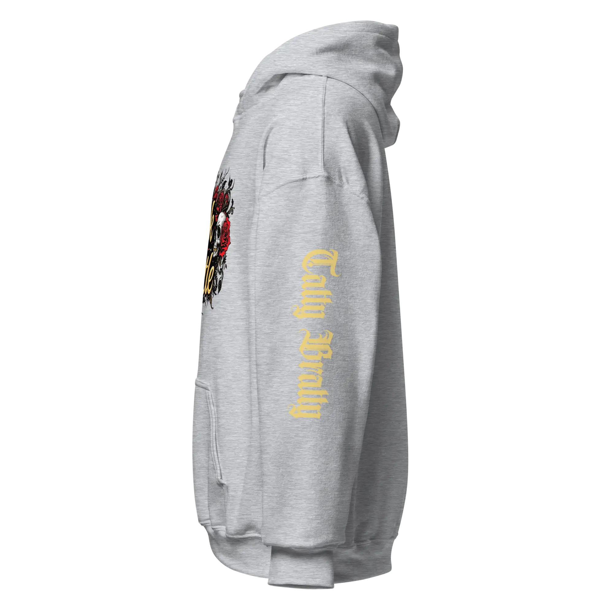 Gray hooded sweatshirt.
