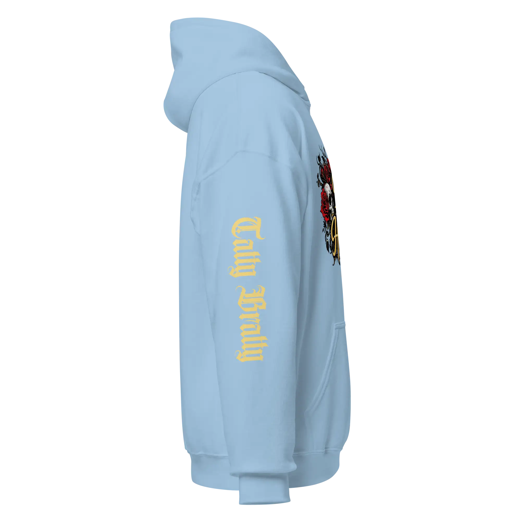 Light blue hoodie.