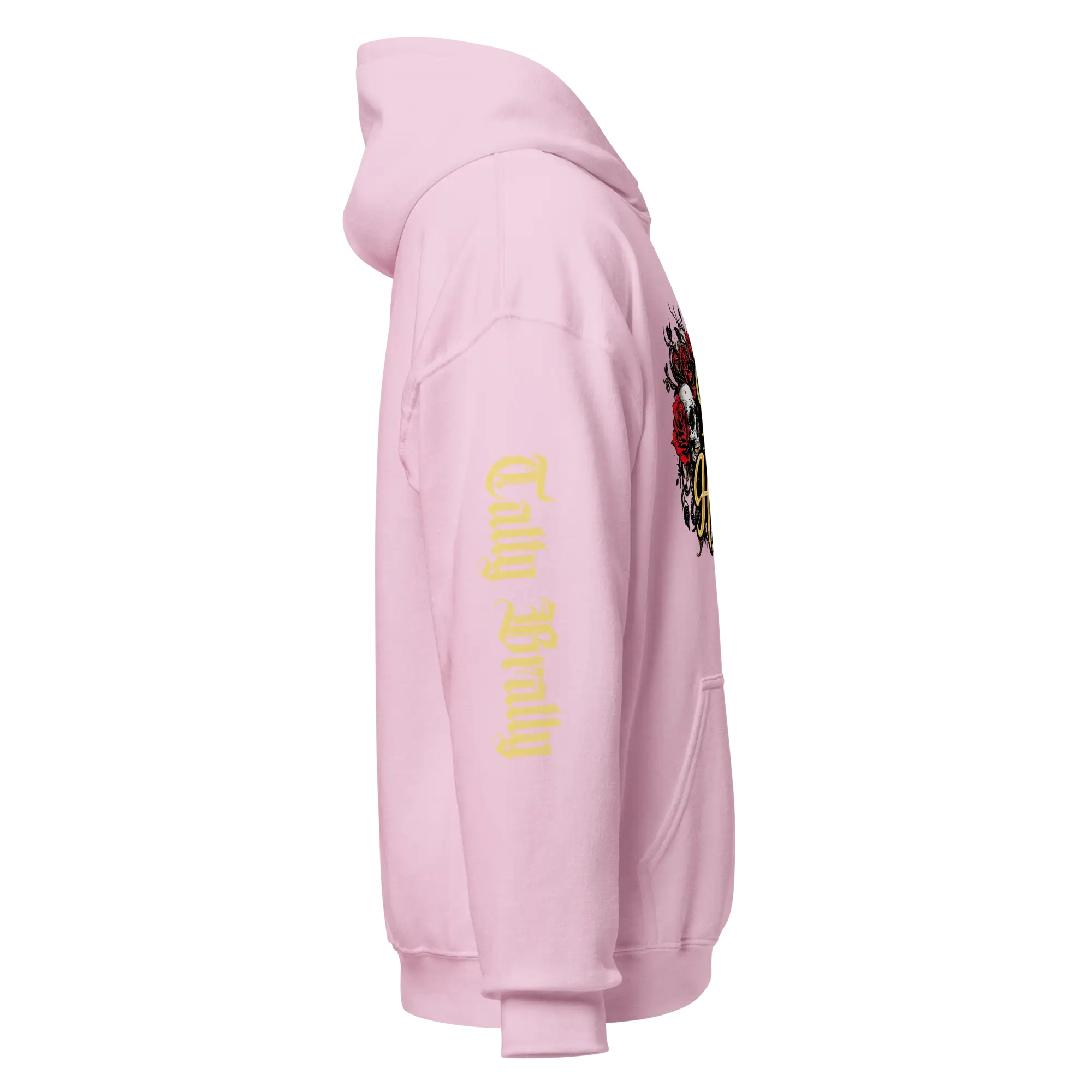 Pink hooded sweatshirt.
