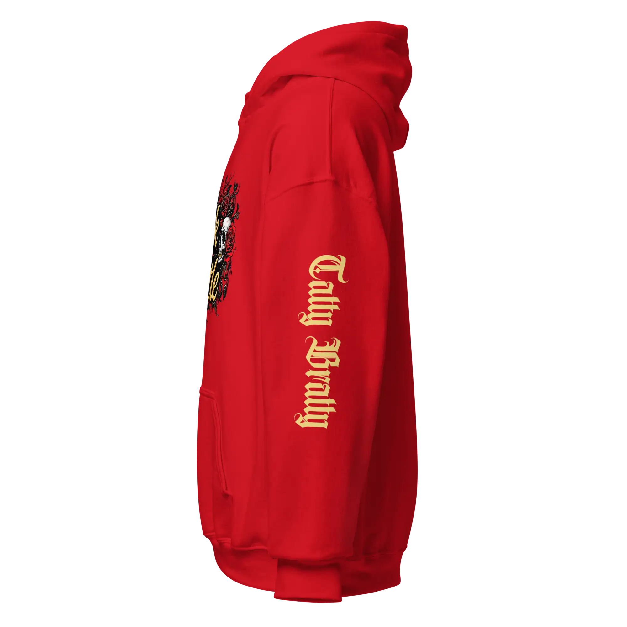 Red hoodie with sleeve text.
