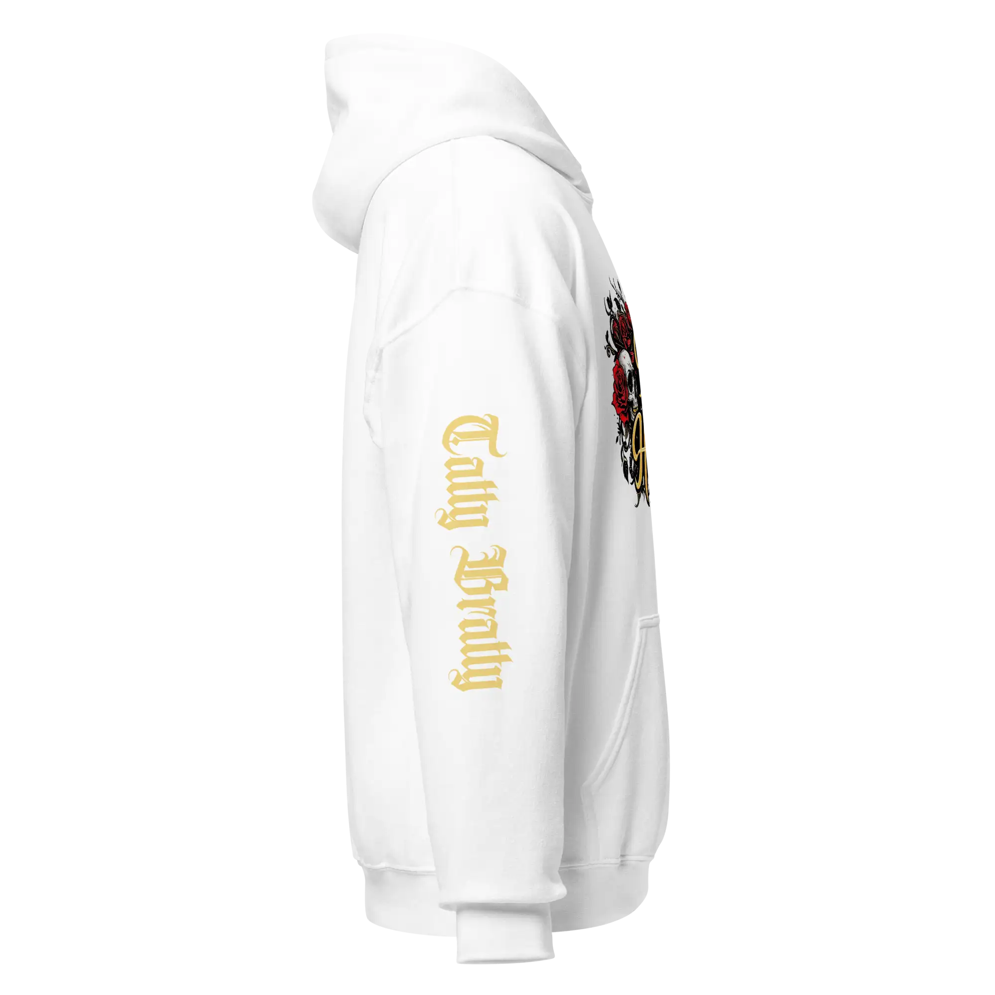 White hoodie with sleeve text.