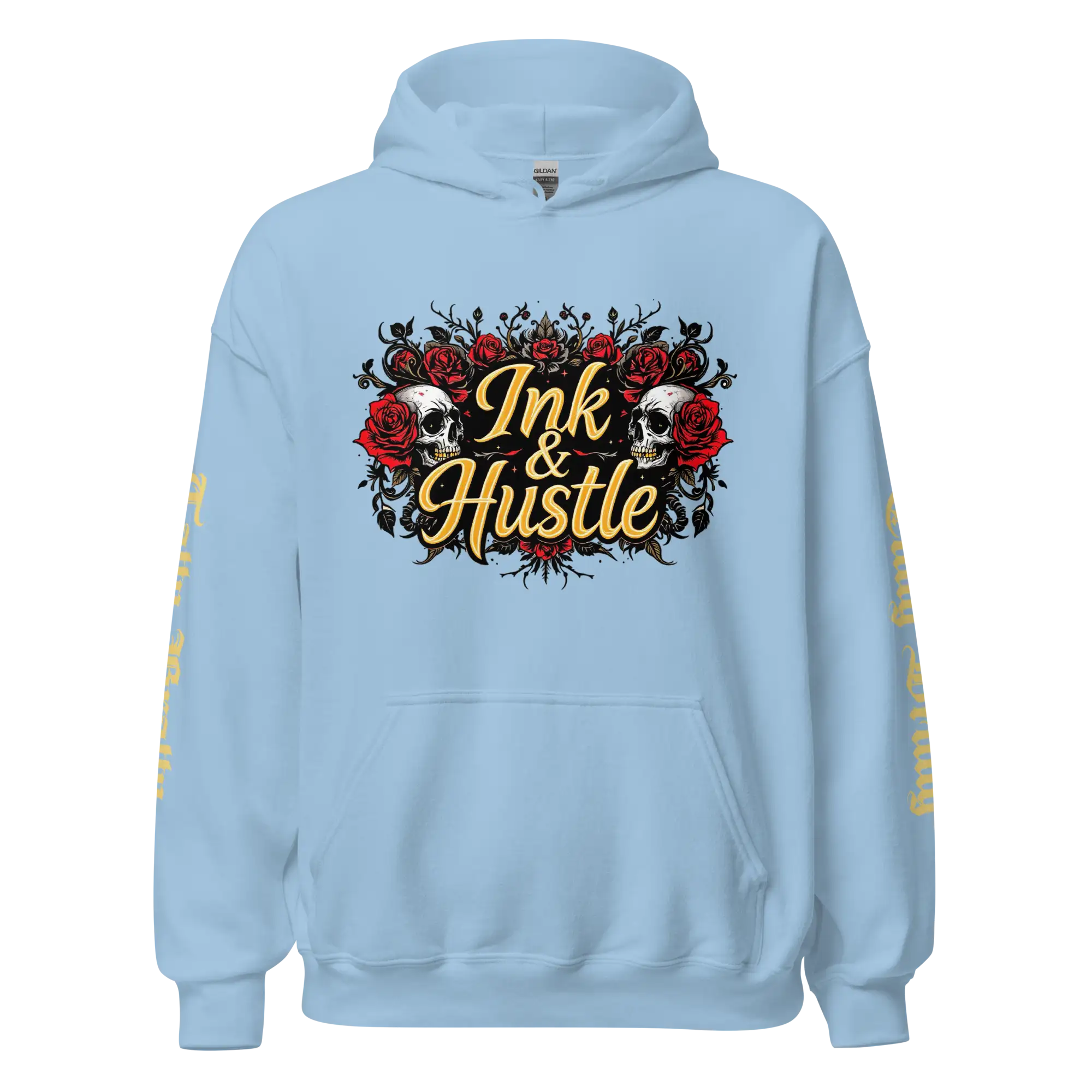 Light blue hoodie with ’Ink & Hustle’ design.