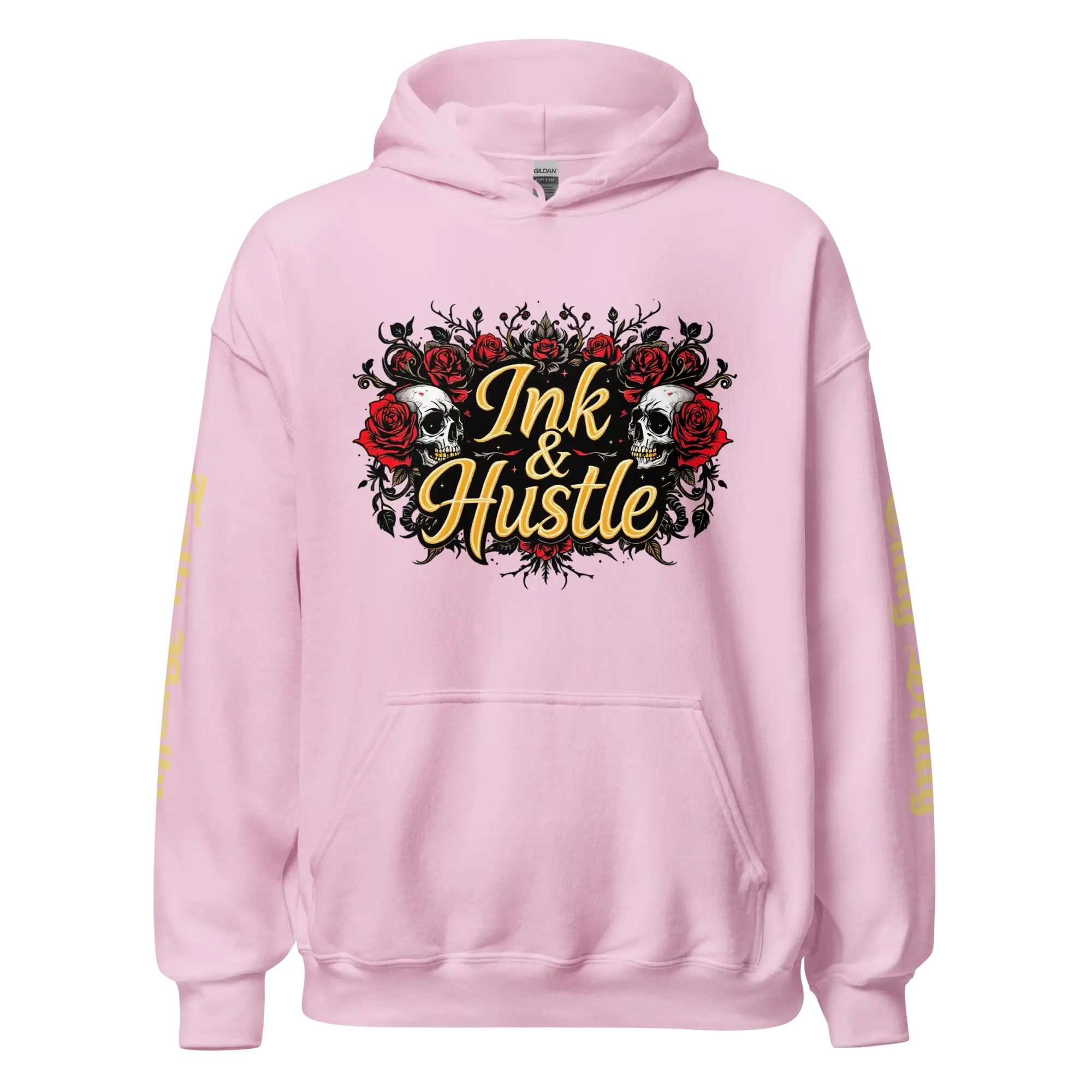 Pink hoodie with ’Ink & Hustle’ graphic.