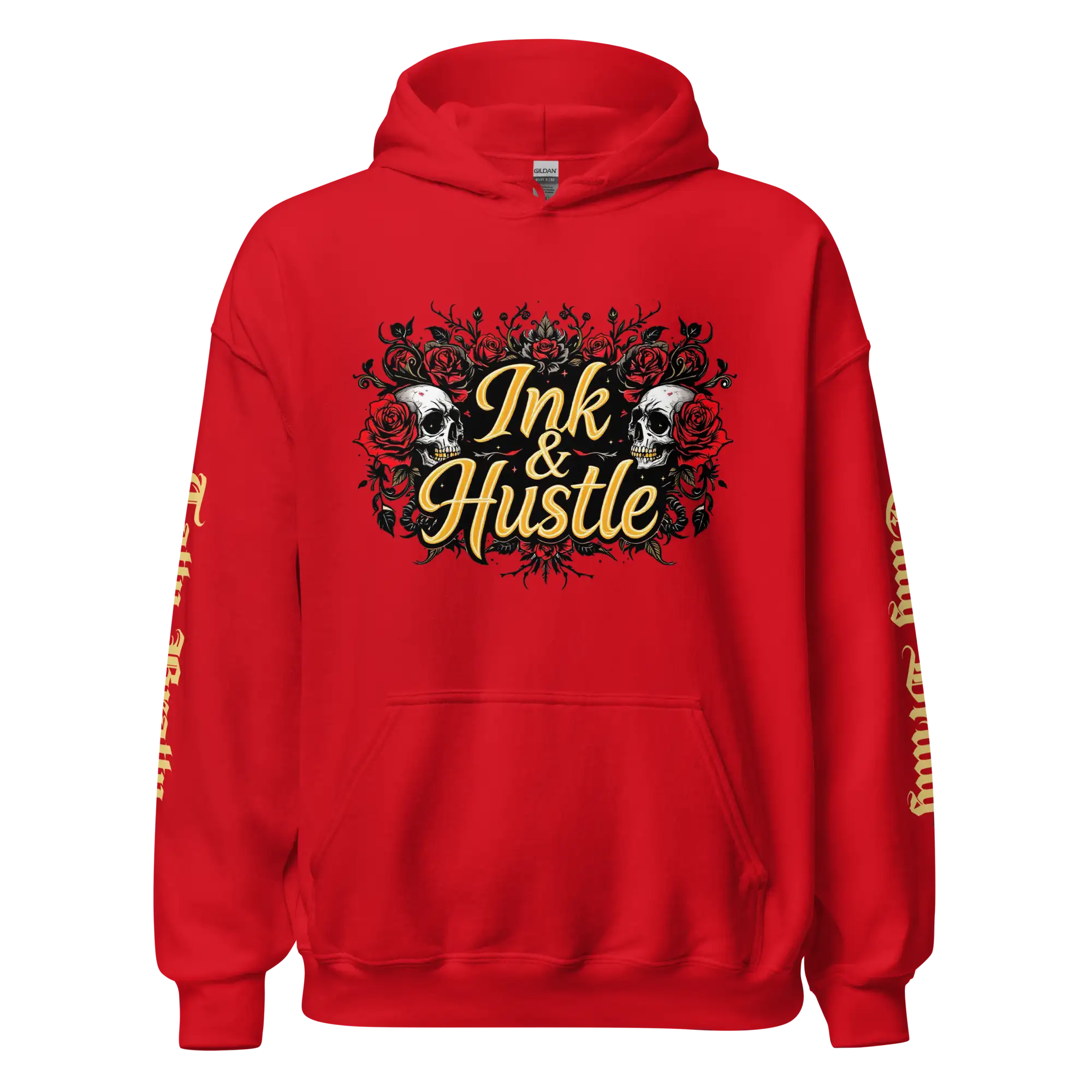 Red hoodie with ’Ink & Hustle’ graphic.