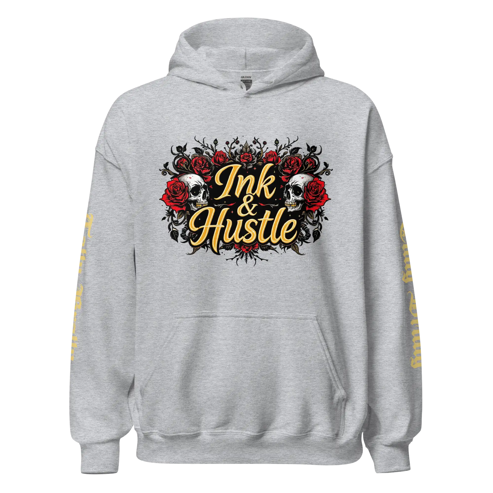 Gray hoodie with ’Ink & Hustle’ graphic.