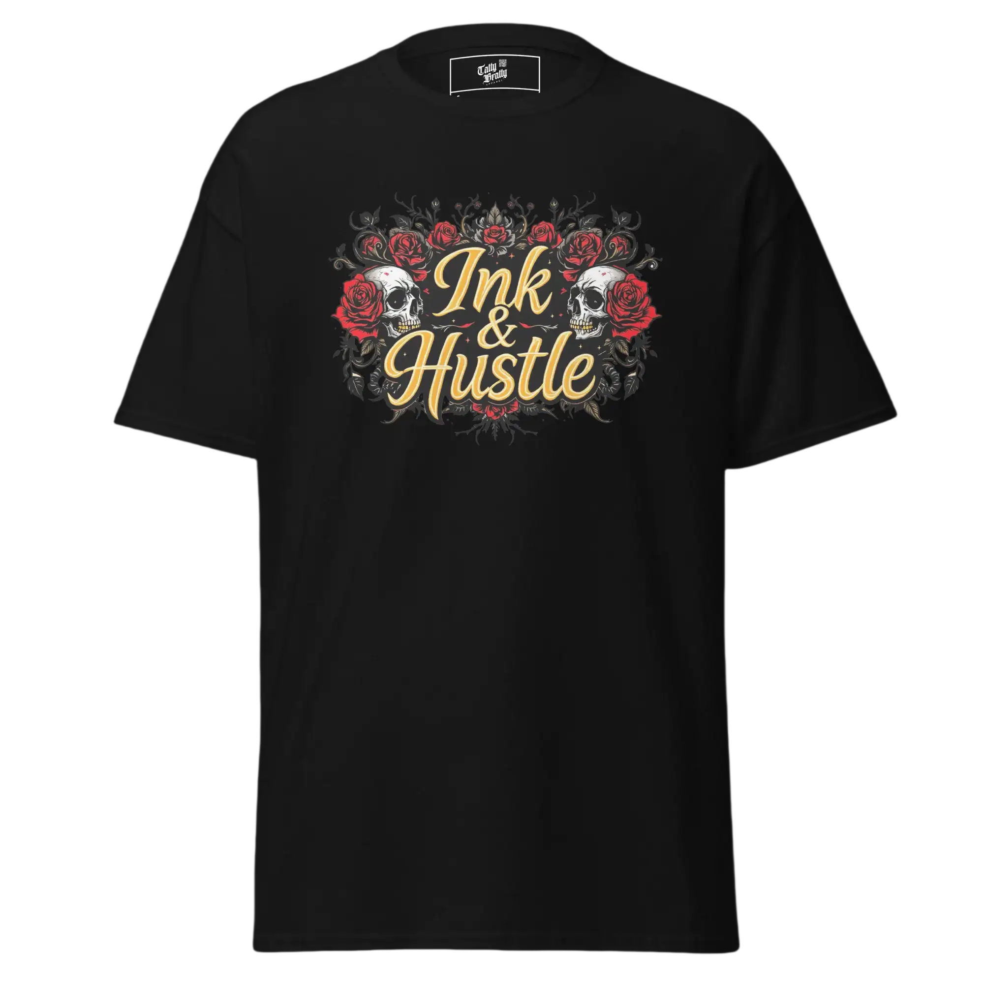 Black t-shirt with ’Ink & Hustle’ graphic.