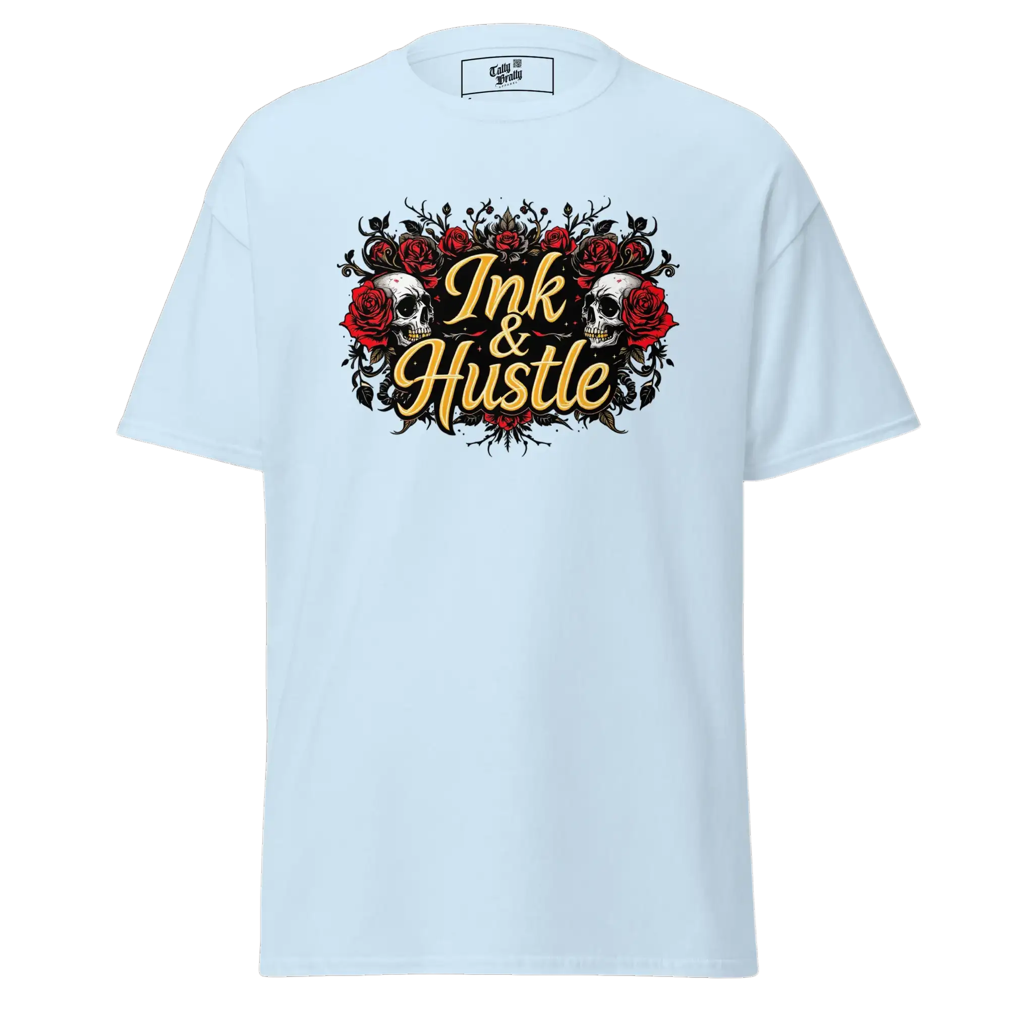 Light blue t-shirt with ’Ink & Hustle’ graphic.