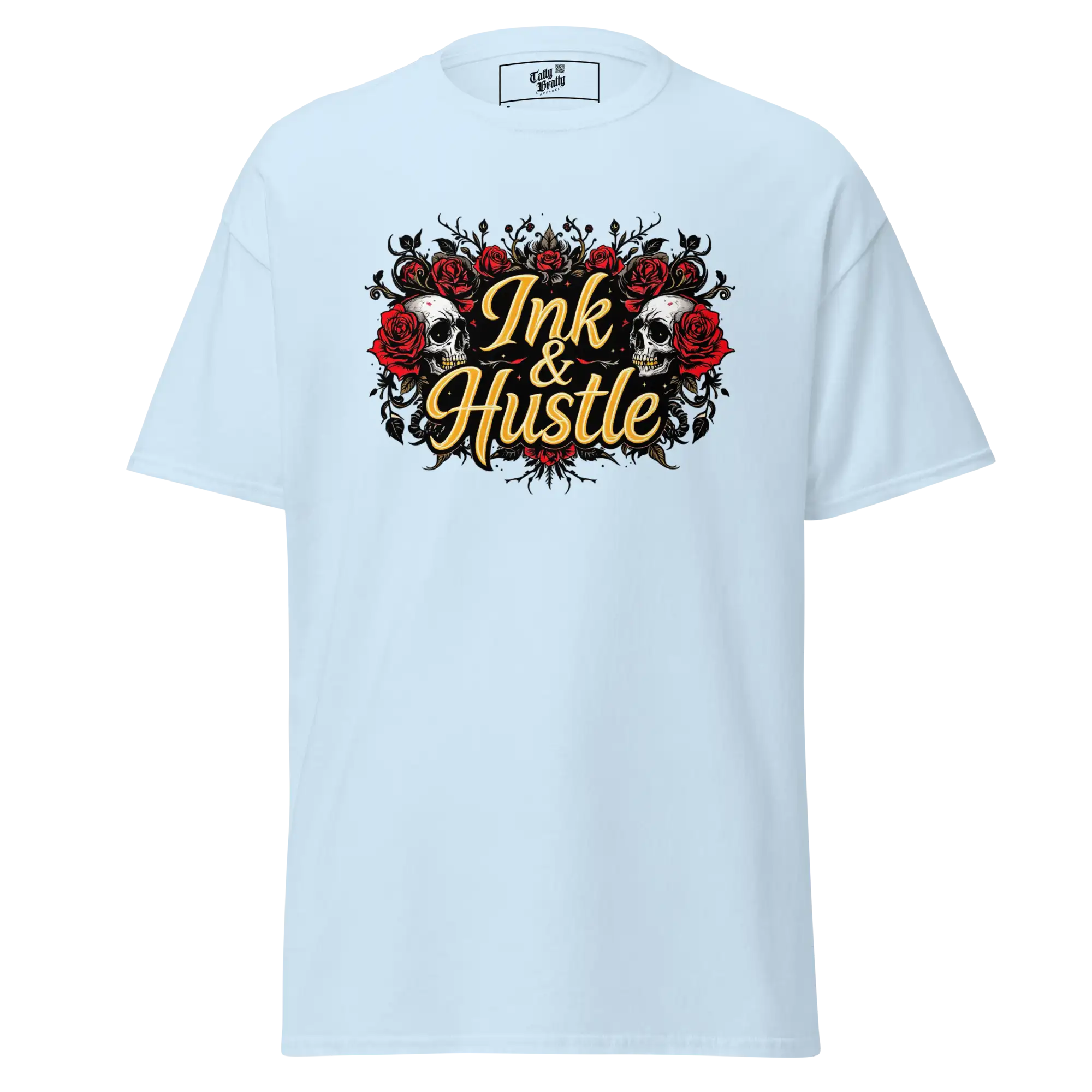 Light blue t-shirt with ’Ink & Hustle’ graphic.
