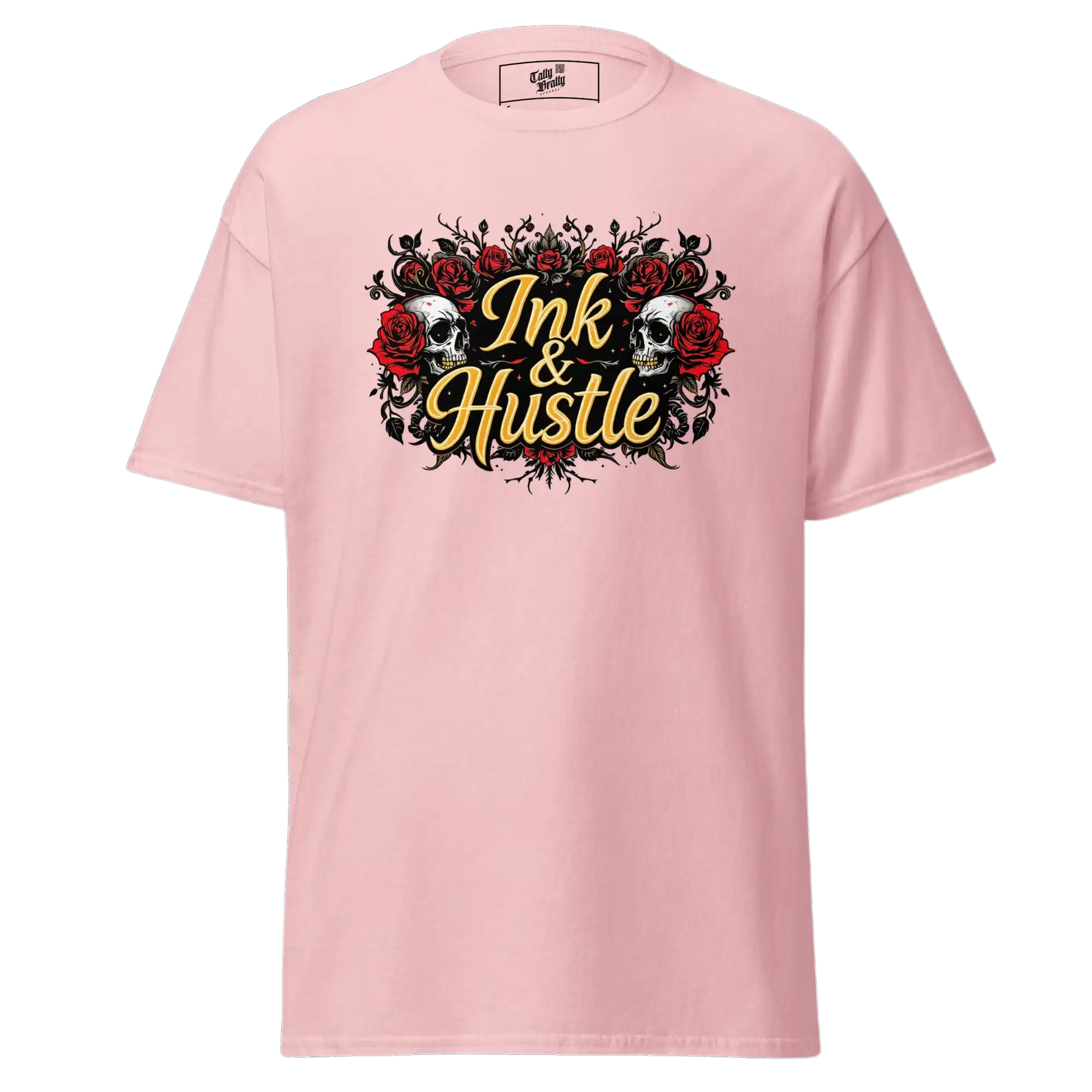 Pink t-shirt with skull and rose graphic.