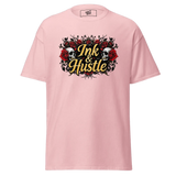 Pink t-shirt with skull and rose graphic.