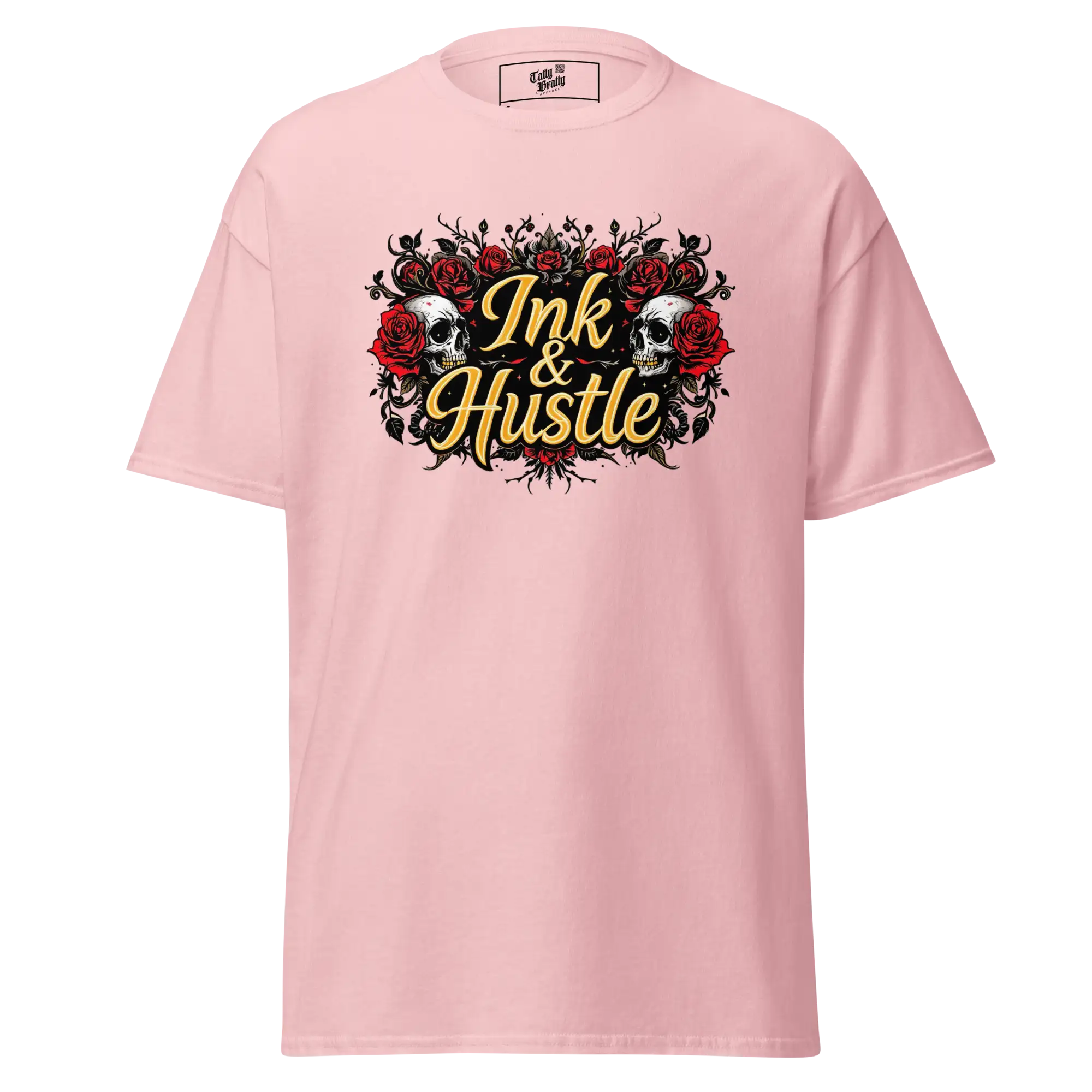 Pink t-shirt with skull and rose graphic.