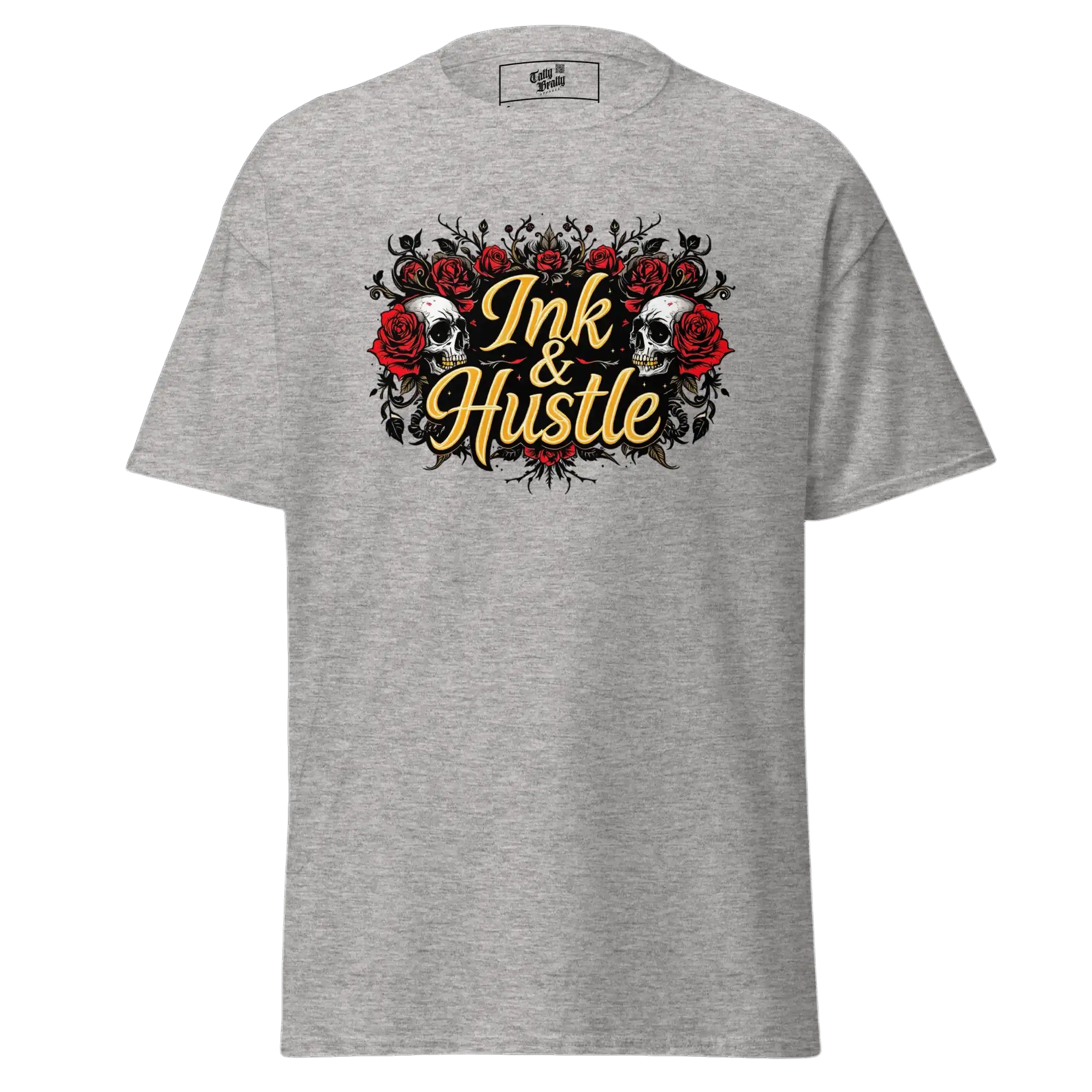 Gray t-shirt with ’Ink & Hustle’ graphic.