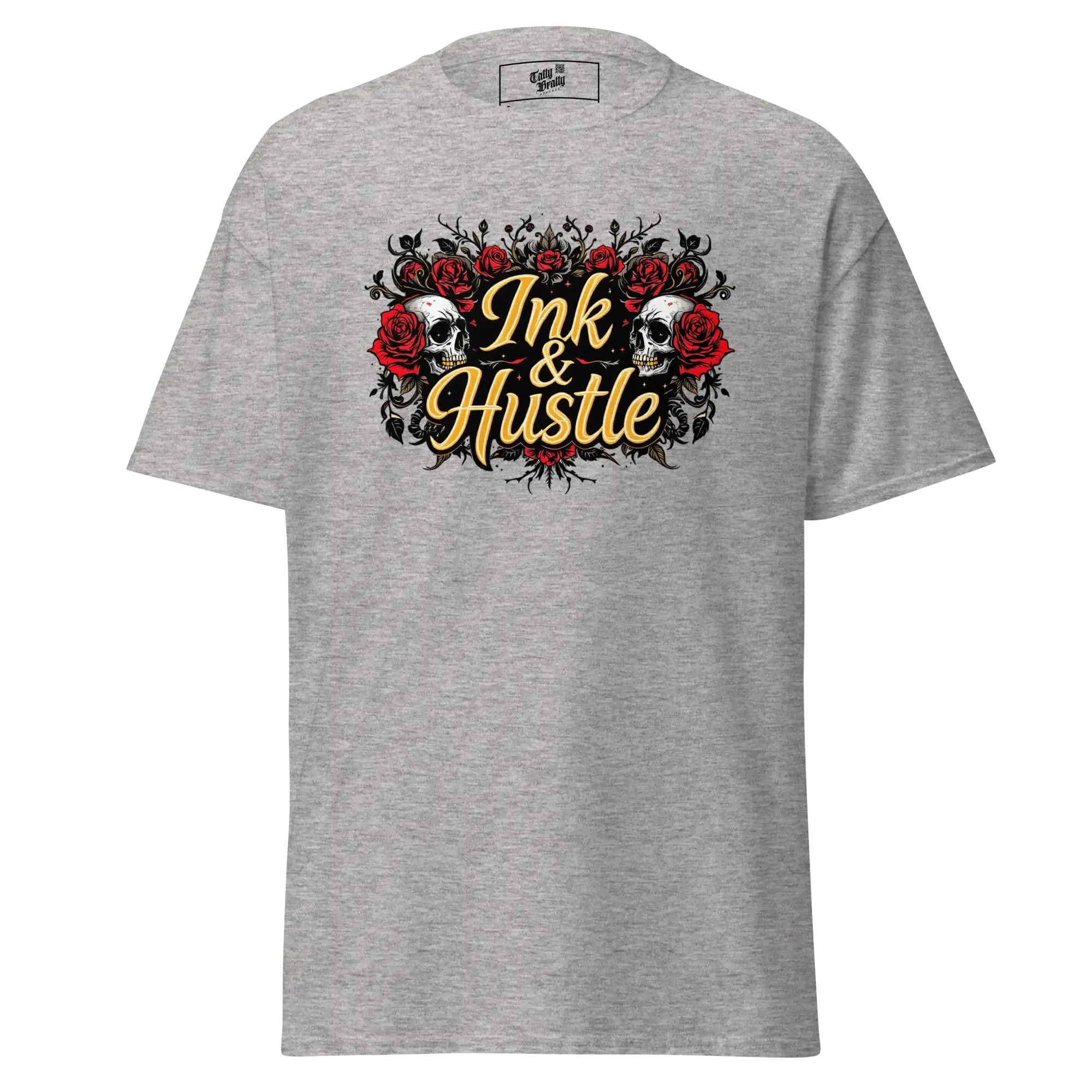 Gray t-shirt with ’Ink & Hustle’ graphic.