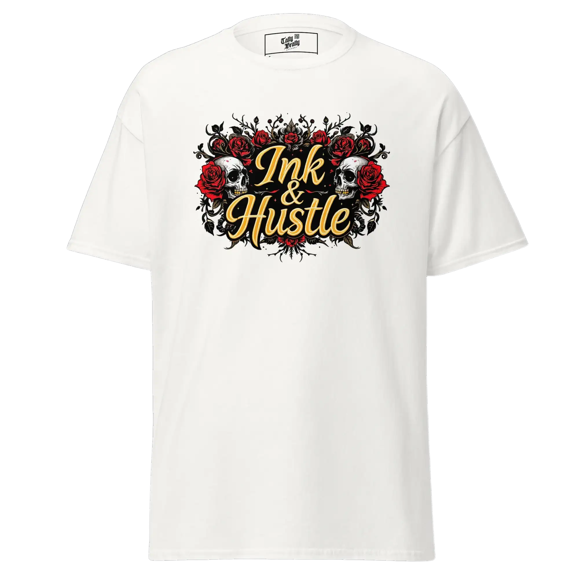 White t-shirt with skull and rose graphic.