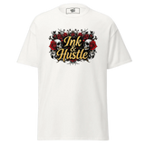 White t-shirt with skull and rose graphic.