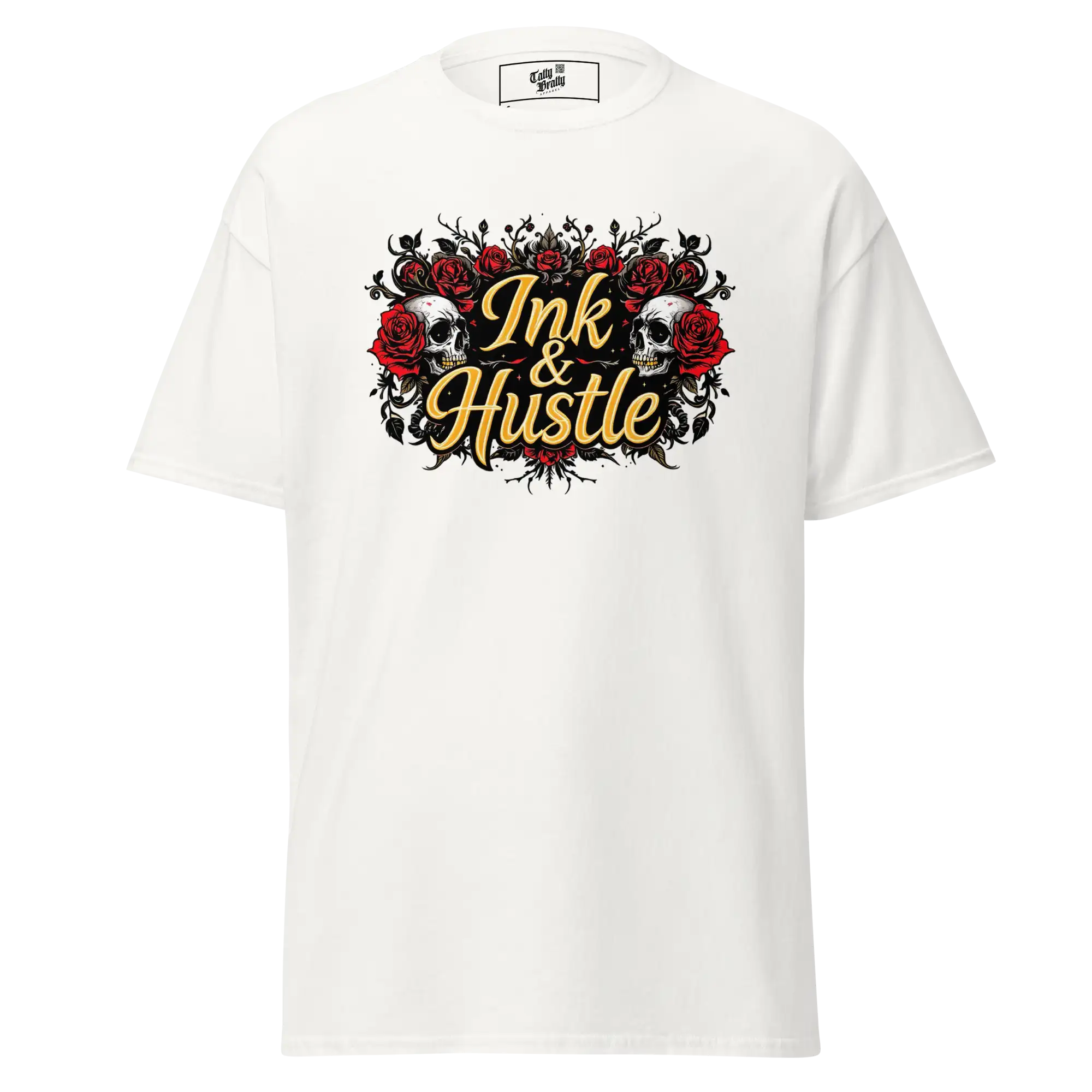 White t-shirt with skull and rose graphic.