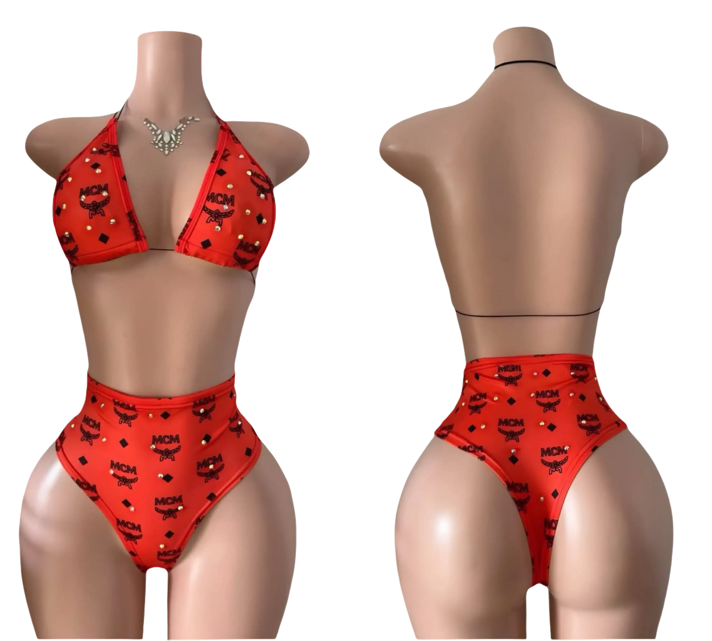 Red MCM-print bikini.