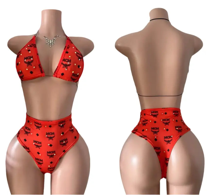 Red MCM-print bikini.