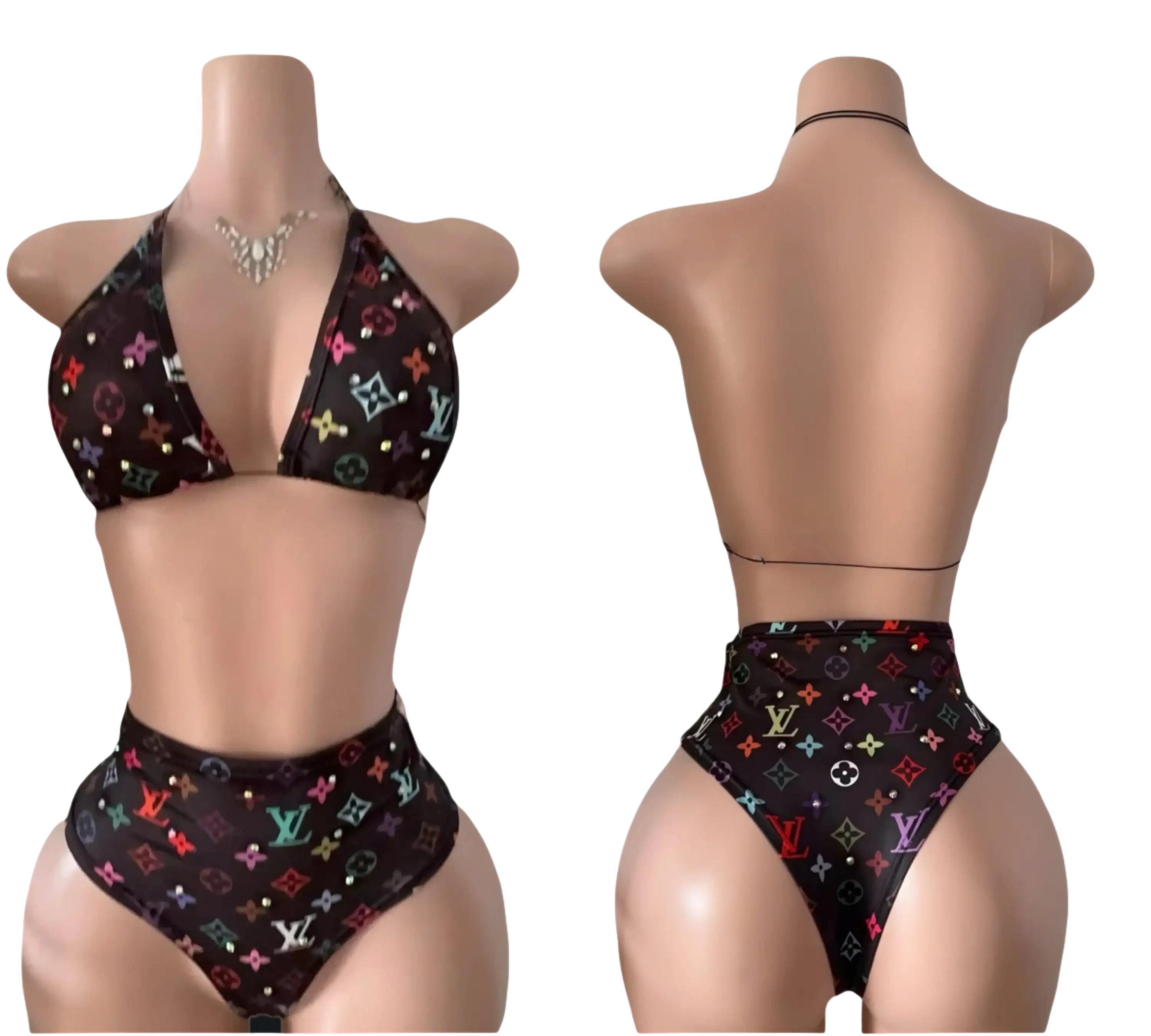 Two-piece swimsuit with designer print.