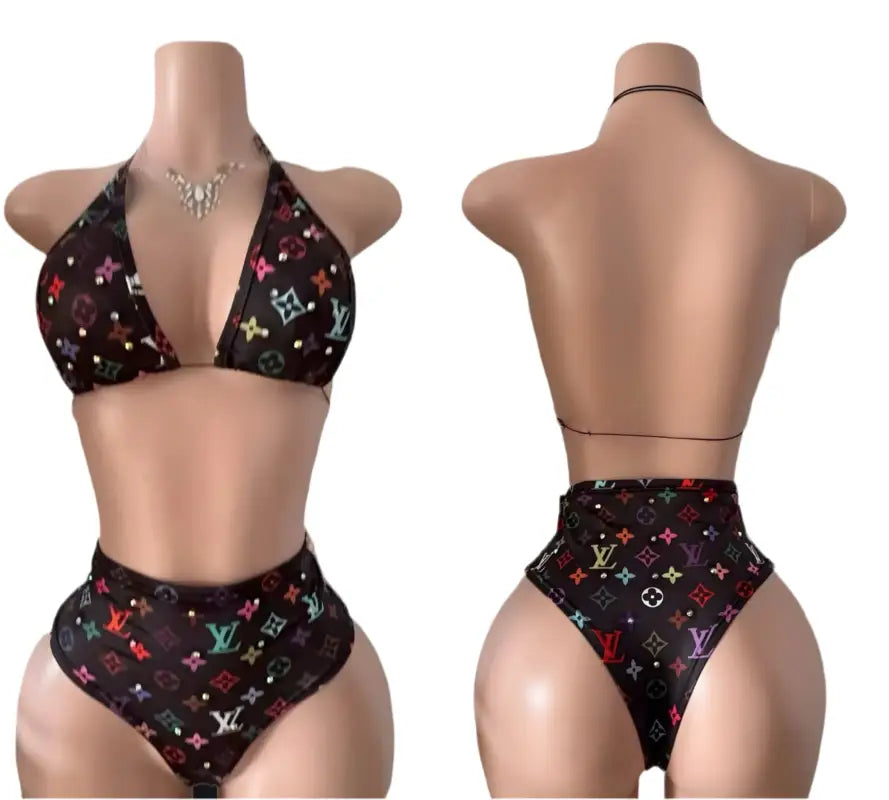 Two-piece swimsuit with designer print.