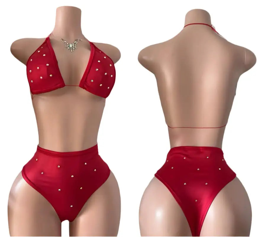 Red jeweled bikini.