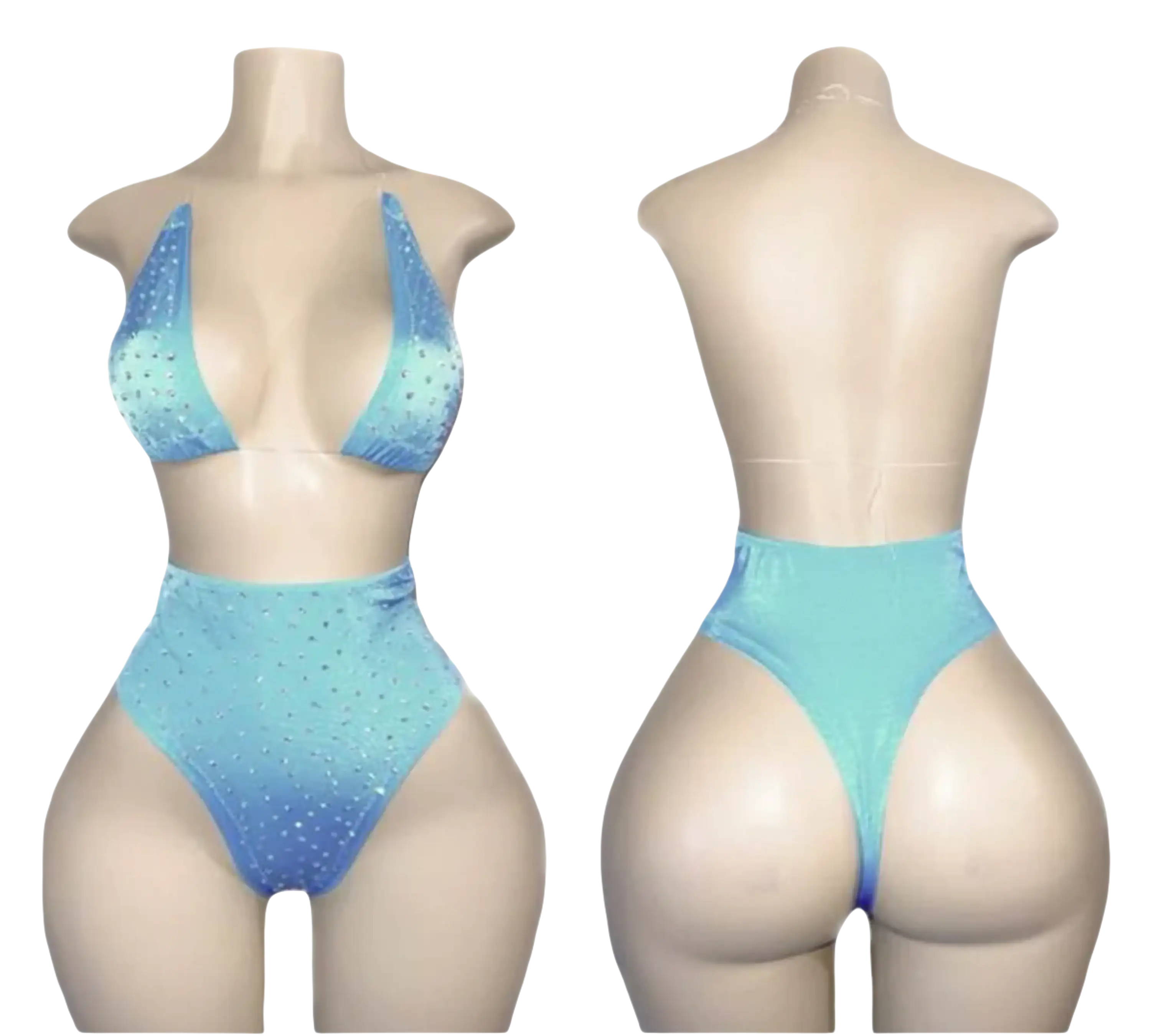 Light blue, jeweled two-piece swimsuit.