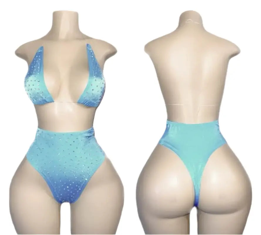 Light blue, jeweled two-piece swimsuit.