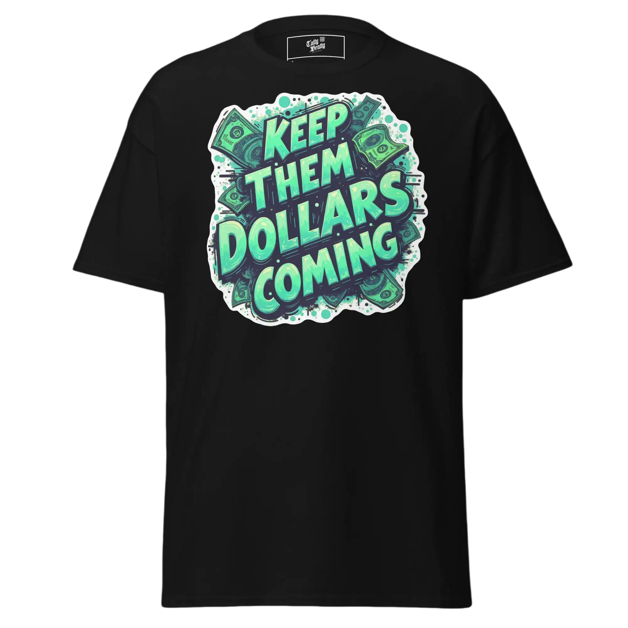 Black t-shirt with money graphic.