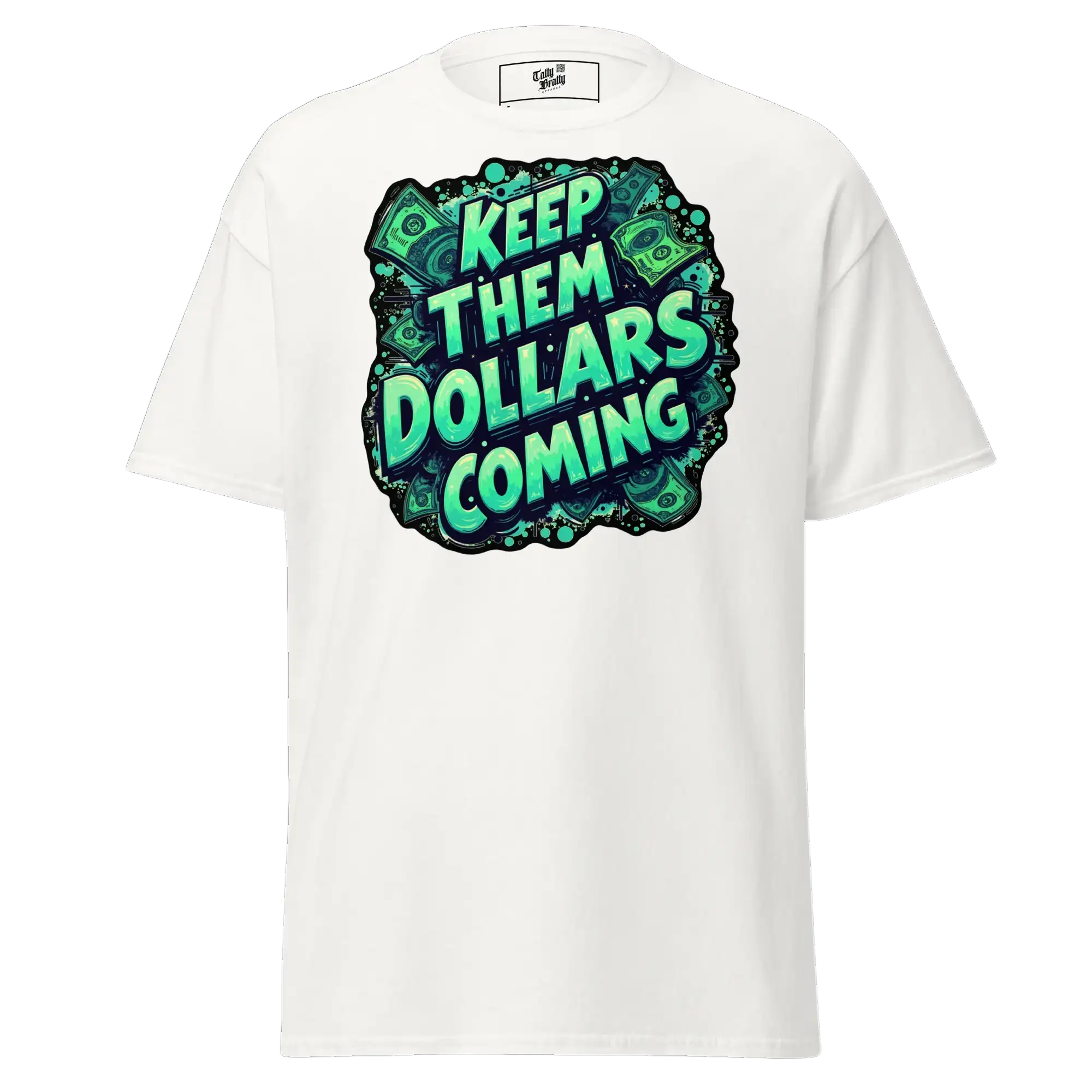 White t-shirt with money graphic.