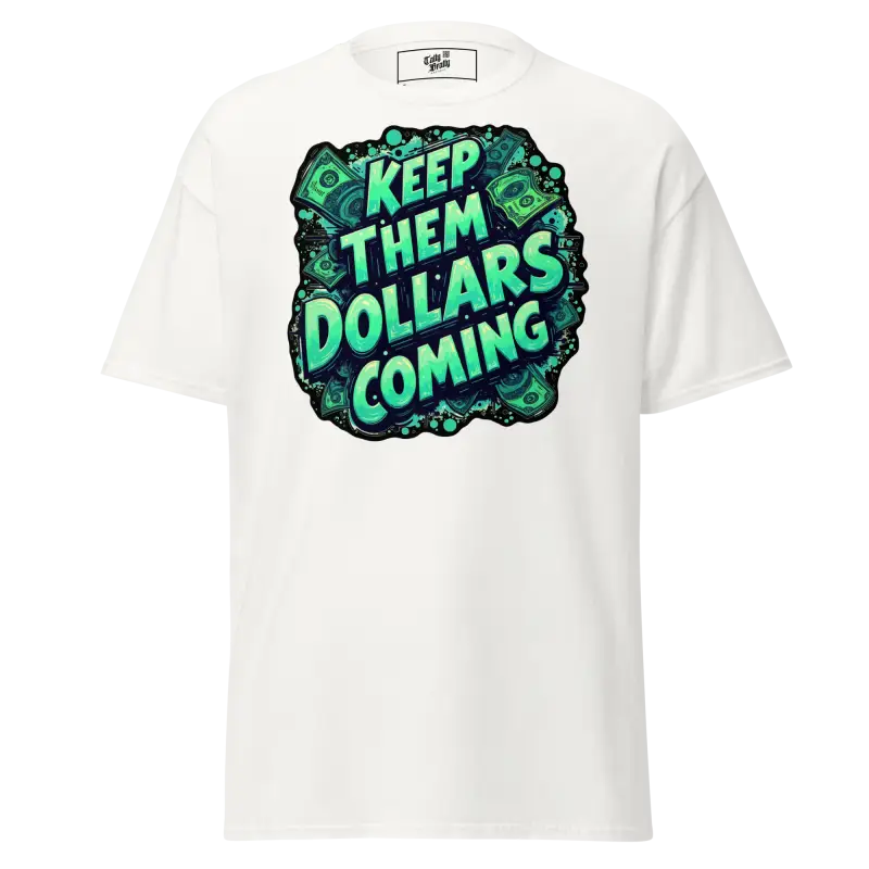 White t-shirt with money graphic.