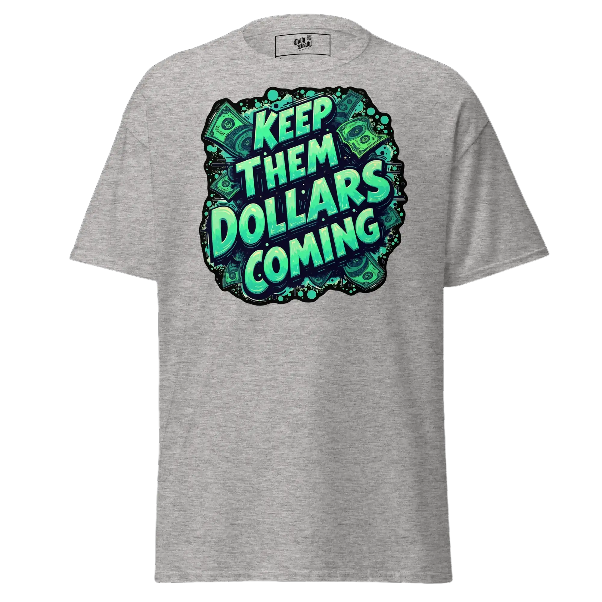 Gray t-shirt with money graphic.
