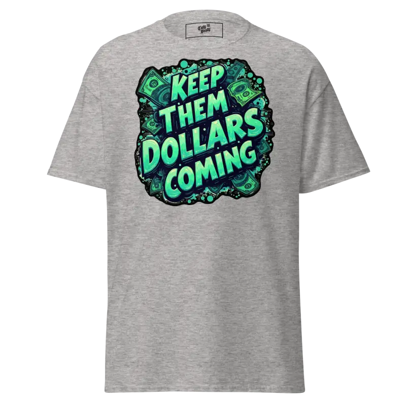 Gray t-shirt with money graphic.